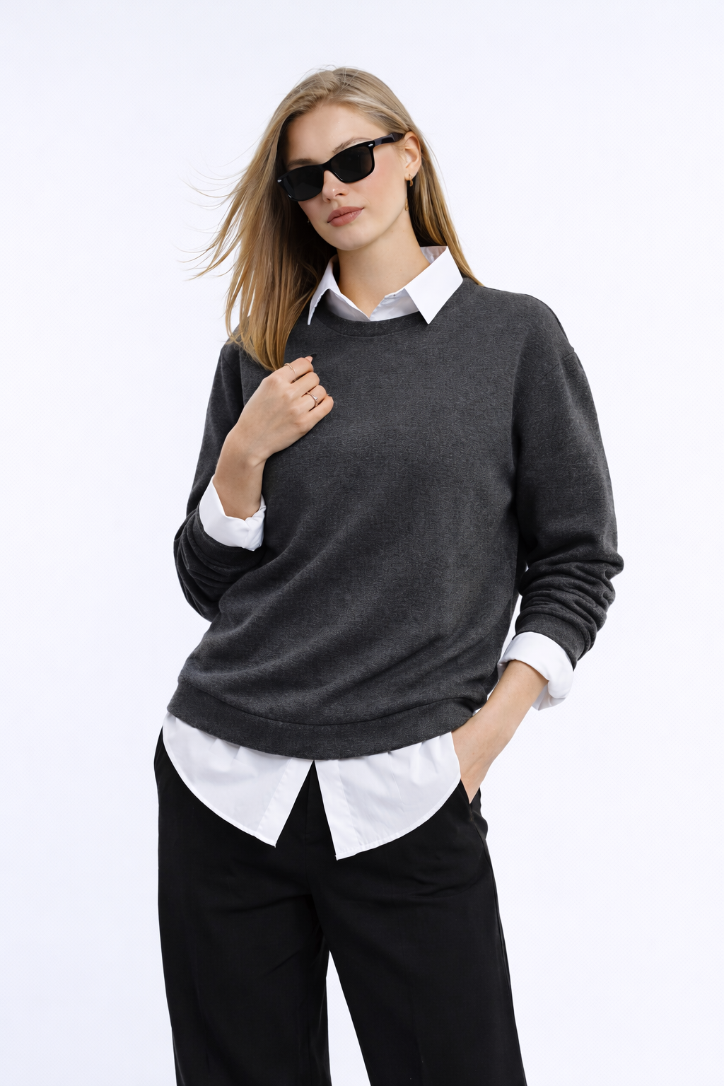 Kadın Antrasit 3 İplik Şardonsuz Bisiklet Yaka Regular Fit Sweatshirt
