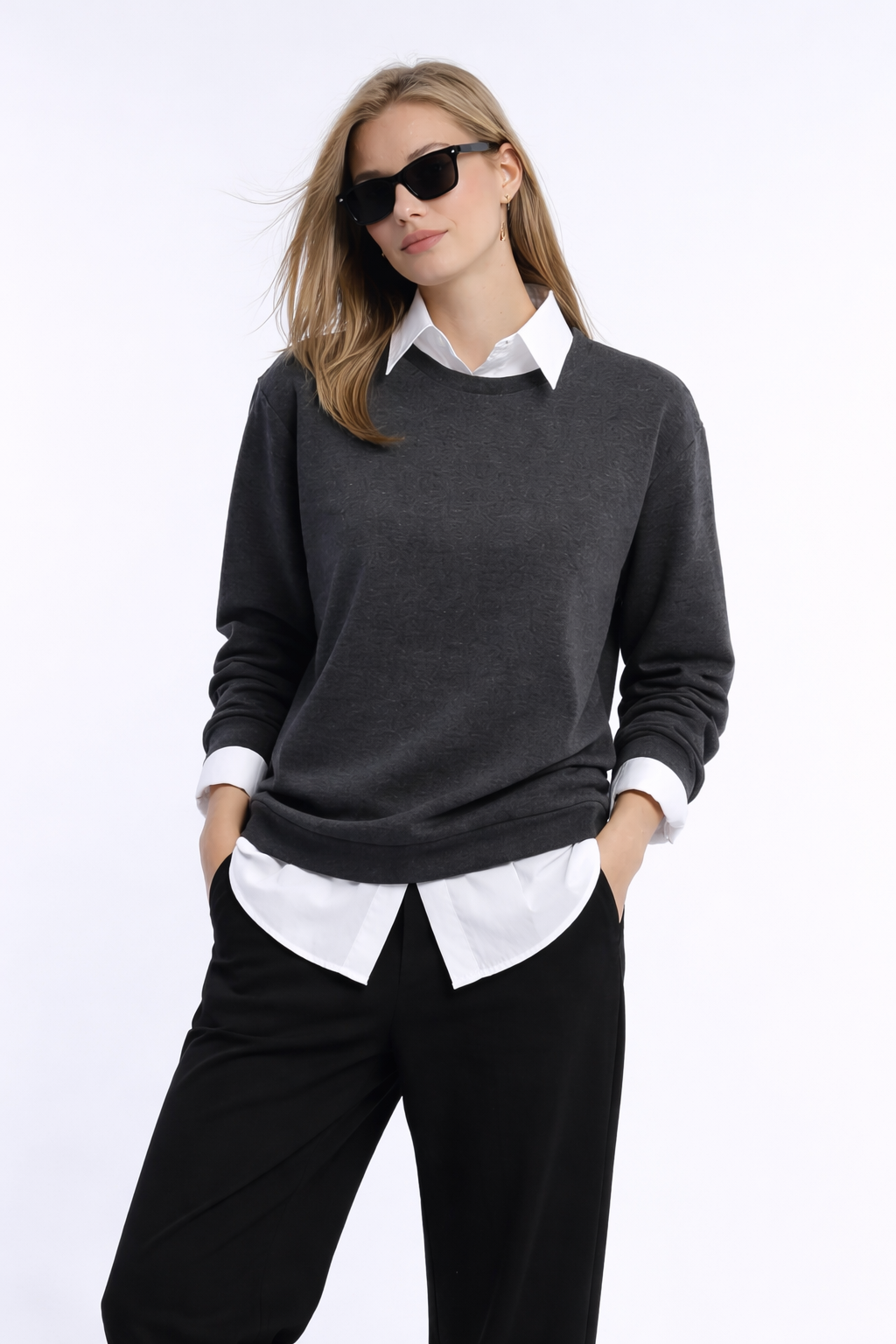 Kadın Antrasit 3 İplik Şardonsuz Bisiklet Yaka Regular Fit Sweatshirt