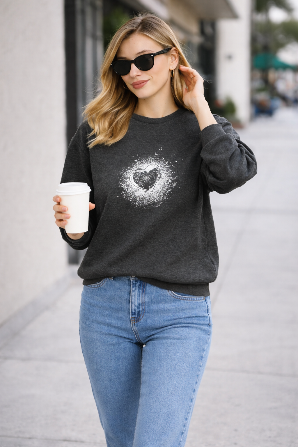 Kadın Antrasit Kalp Baskılı Regular Sweatshirt Günlük Rahat Basic Sweat