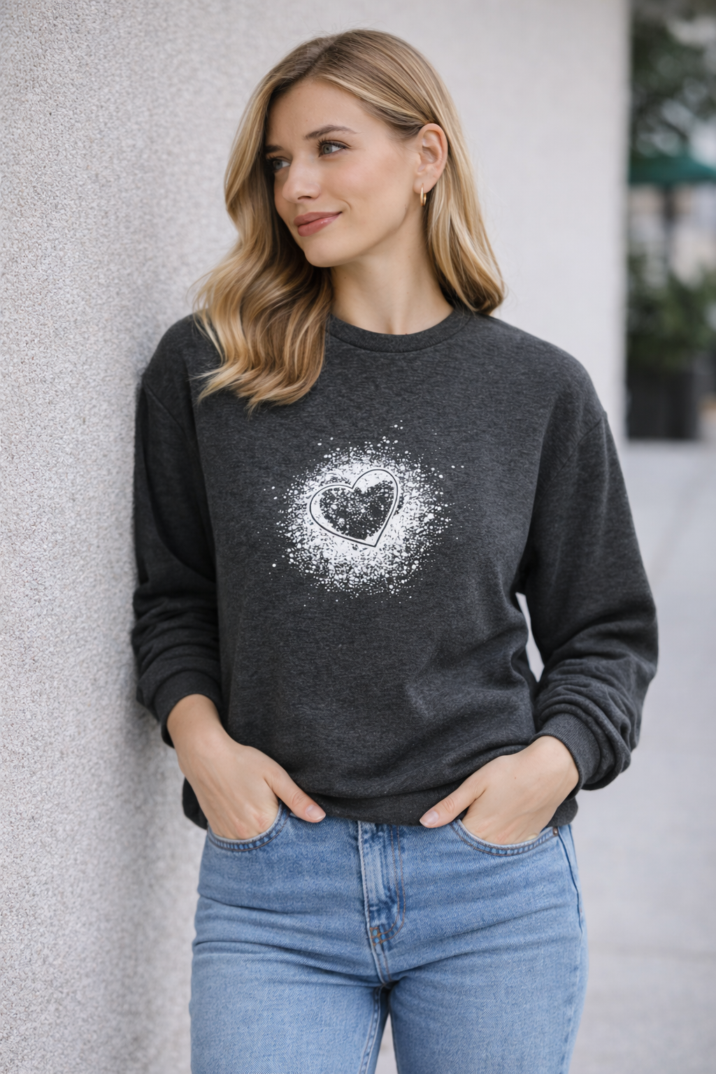 Kadın Antrasit Kalp Baskılı Regular Sweatshirt Günlük Rahat Basic Sweat
