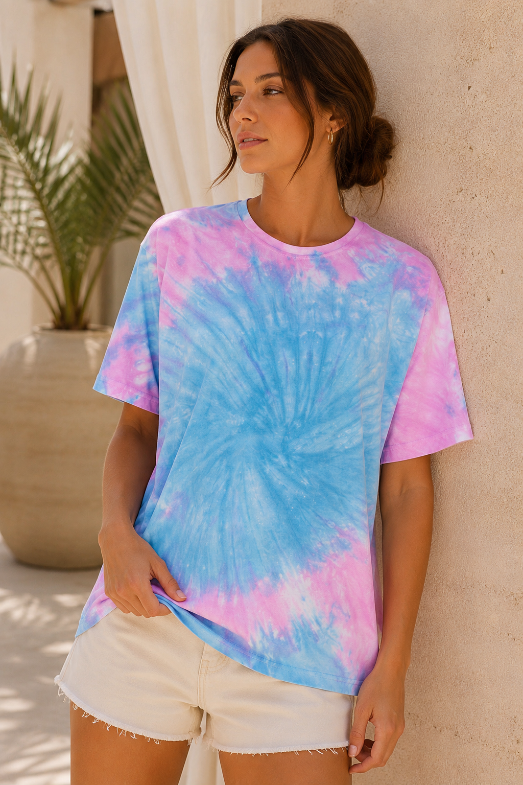 Kadın Aqua Mavi Pembe Batik Desenli Oversize T-Shirt