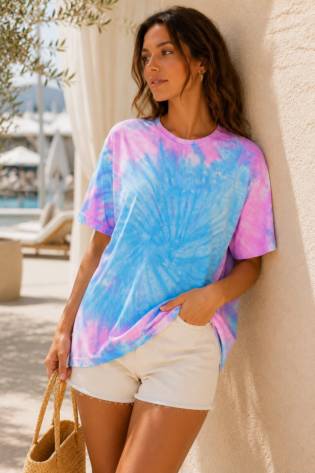 Kadın Aqua Mavi Pembe Batik Desenli Oversize T-Shirt