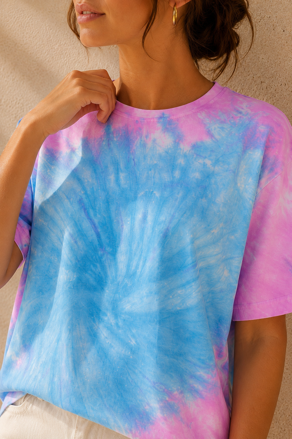 Kadın Aqua Mavi Pembe Batik Desenli Oversize T-Shirt