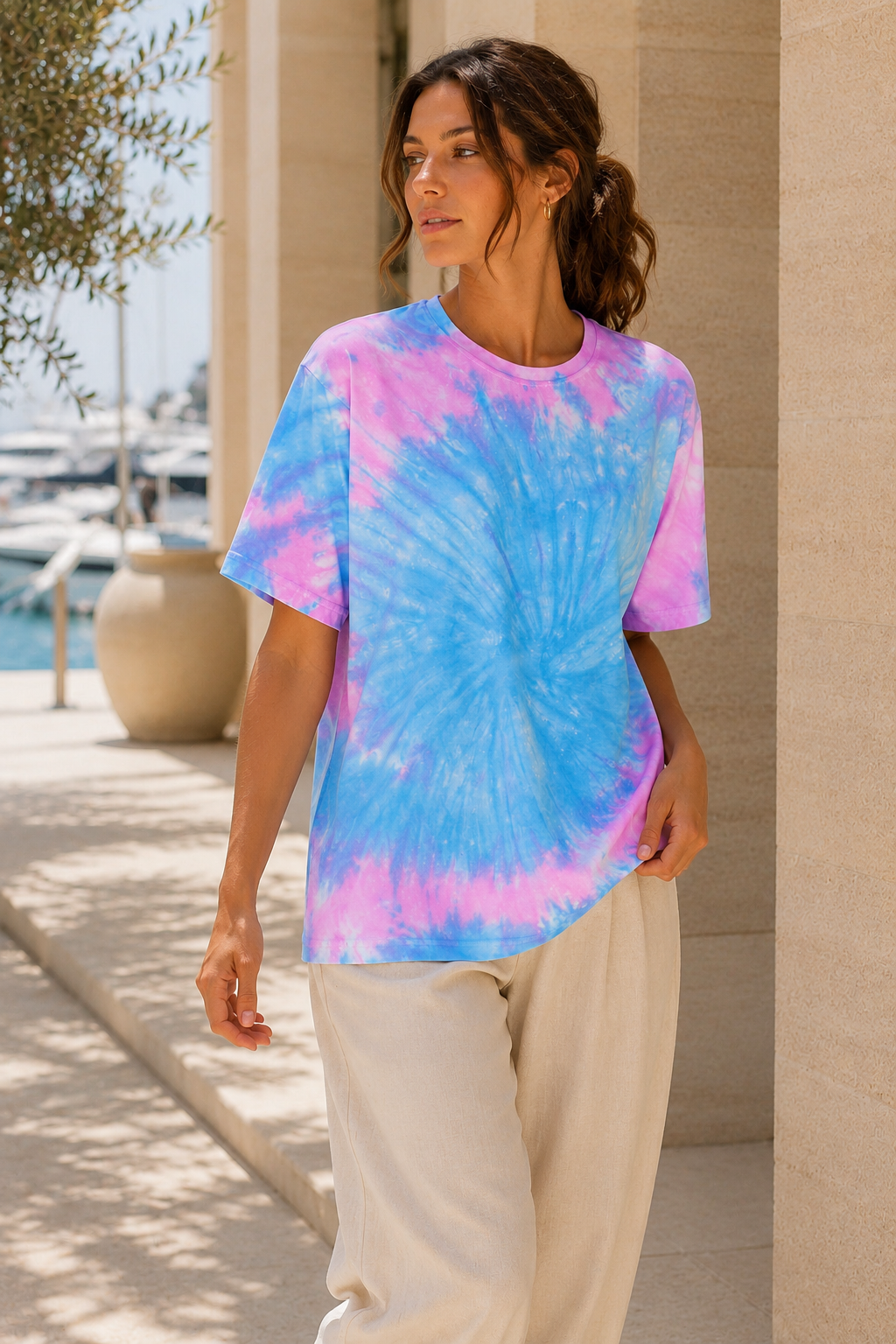 Kadın Aqua Mavi Pembe Batik Desenli Oversize T-Shirt