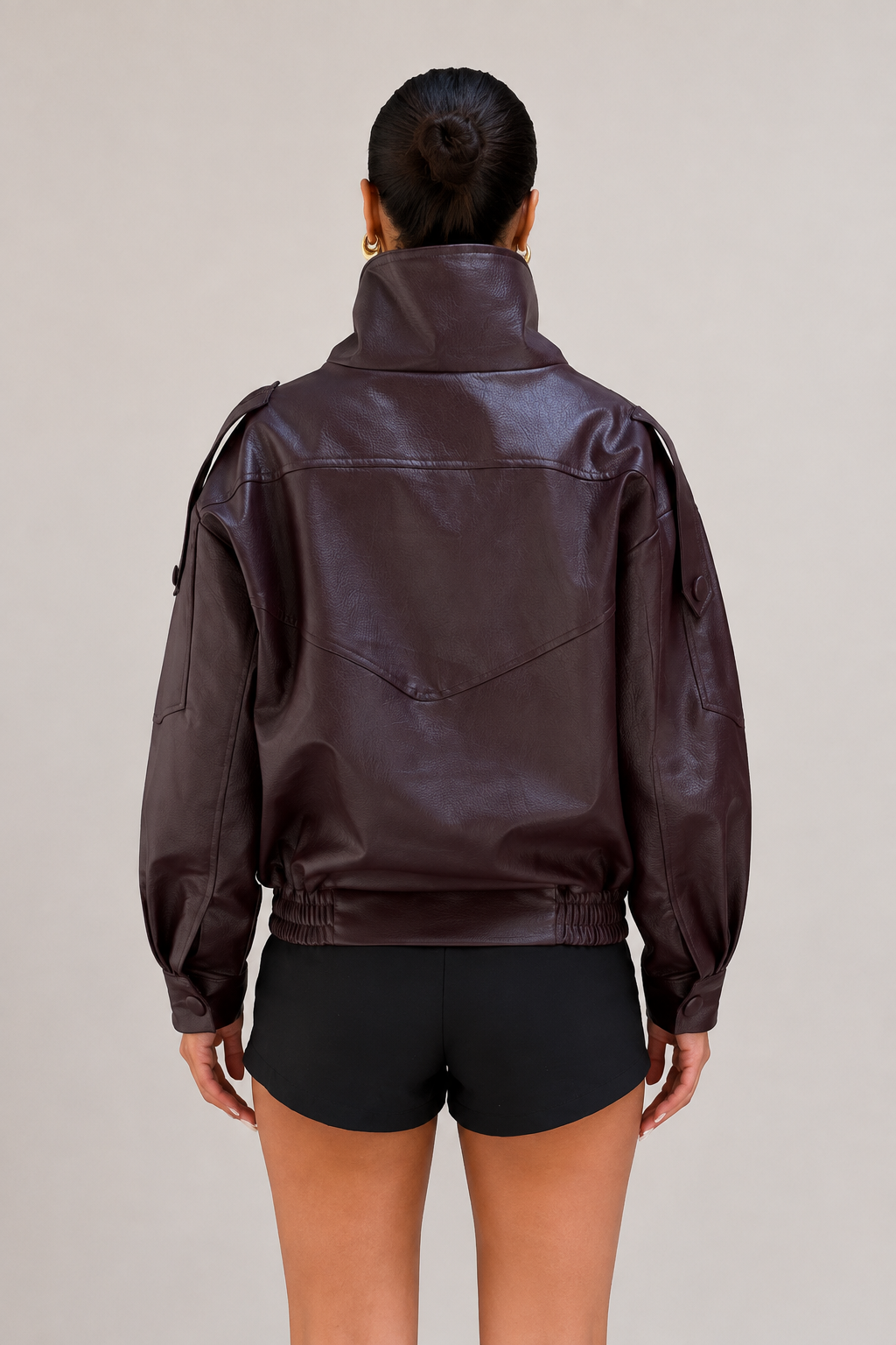 Kadın Asimetrik Kapamalı Dik Yaka Oversize Suni Deri Bomber Ceket - Bordo