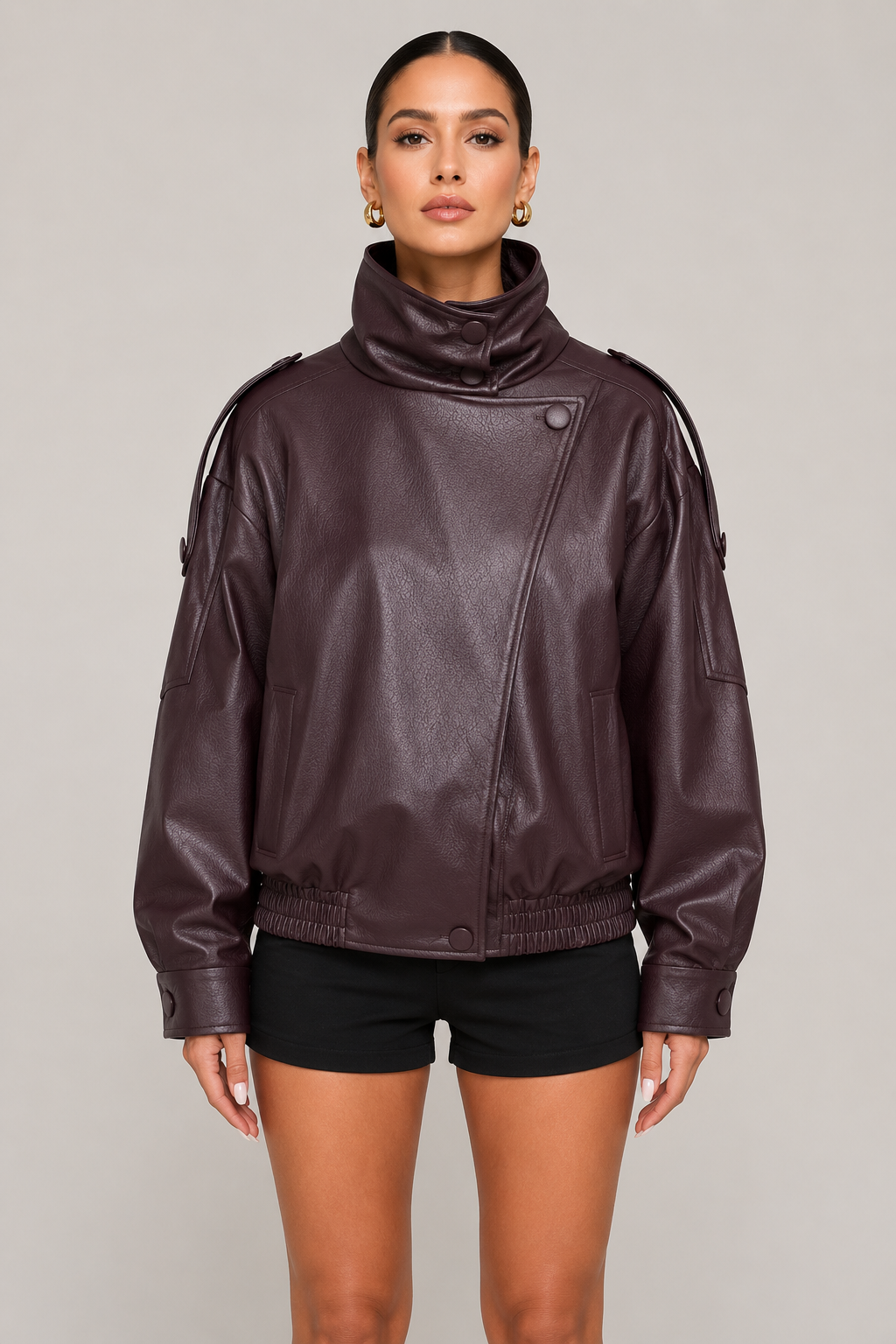 Kadın Asimetrik Kapamalı Dik Yaka Oversize Suni Deri Bomber Ceket - Bordo