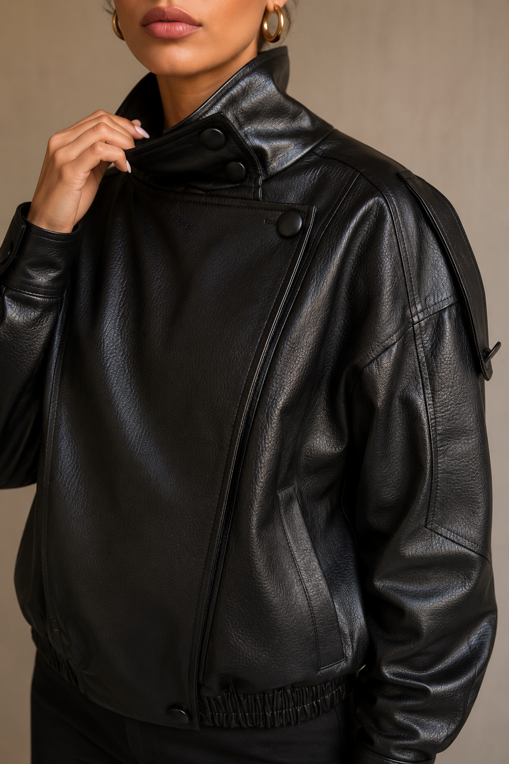 Kadın Asimetrik Kapamalı Dik Yaka Oversize Suni Deri Bomber Ceket - Siyah
