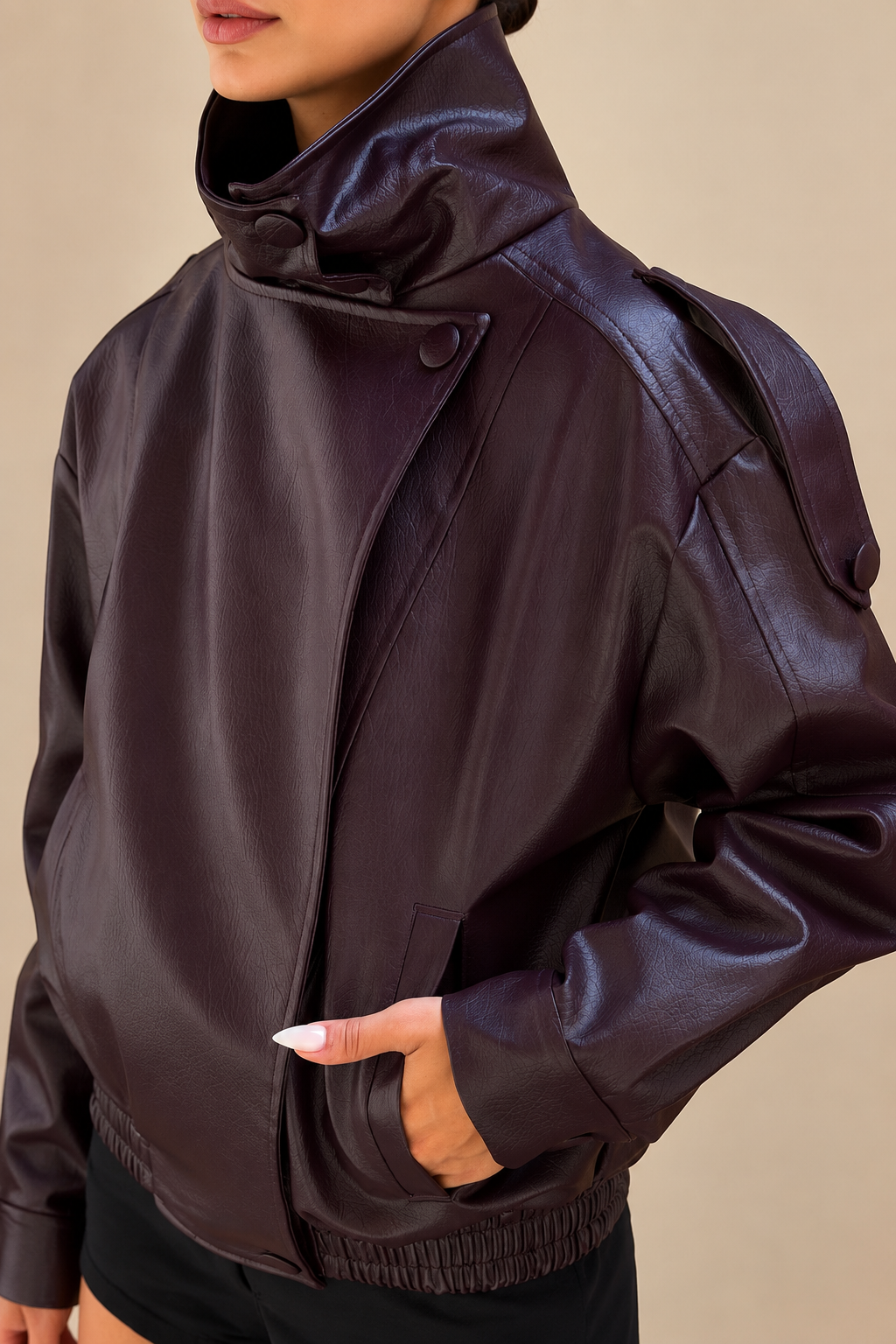Kadın Asimetrik Kapamalı Dik Yaka Oversize Suni Deri Bomber Ceket - Bordo
