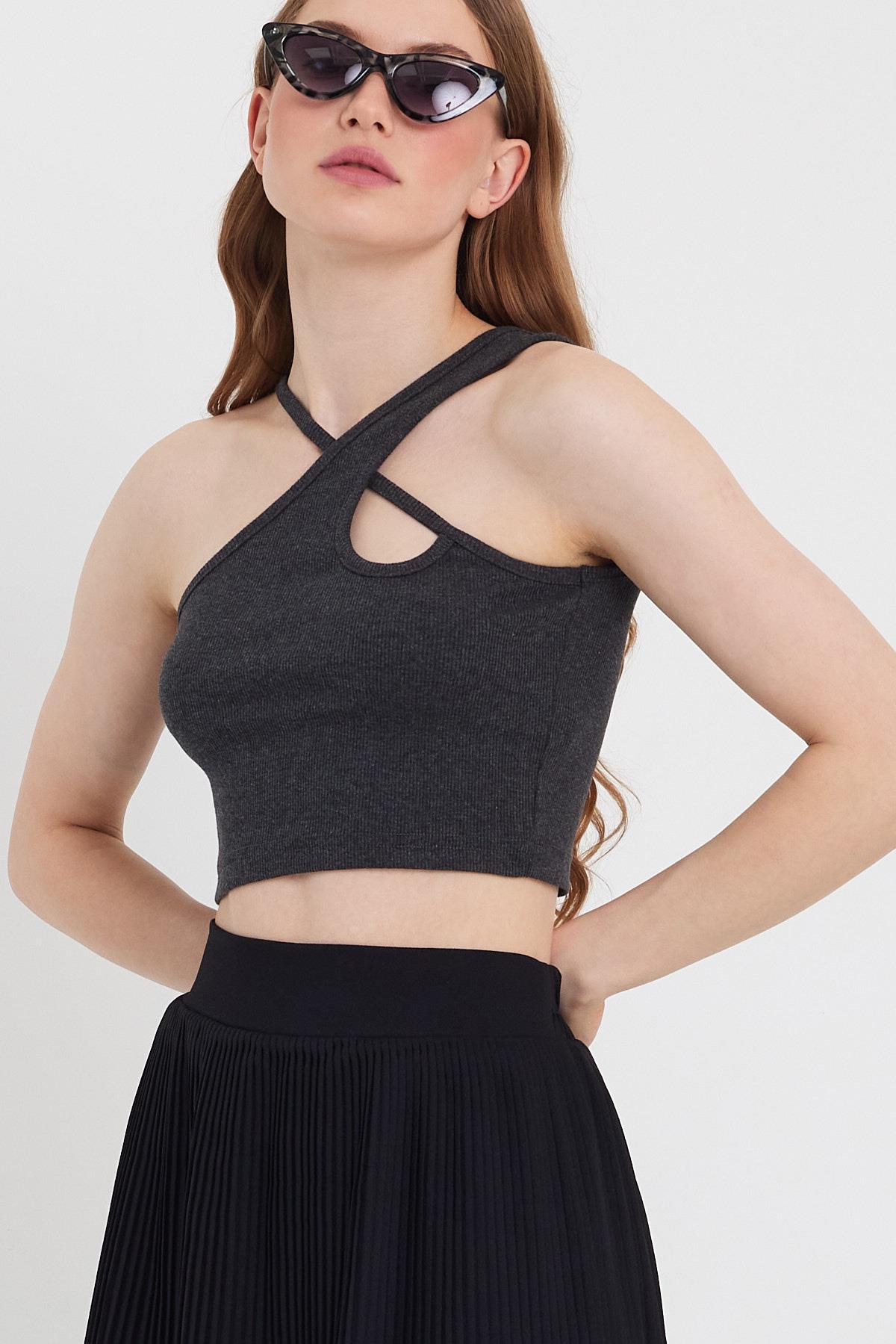 Kadın Askılı Crop Kaşkorse   Antrasit