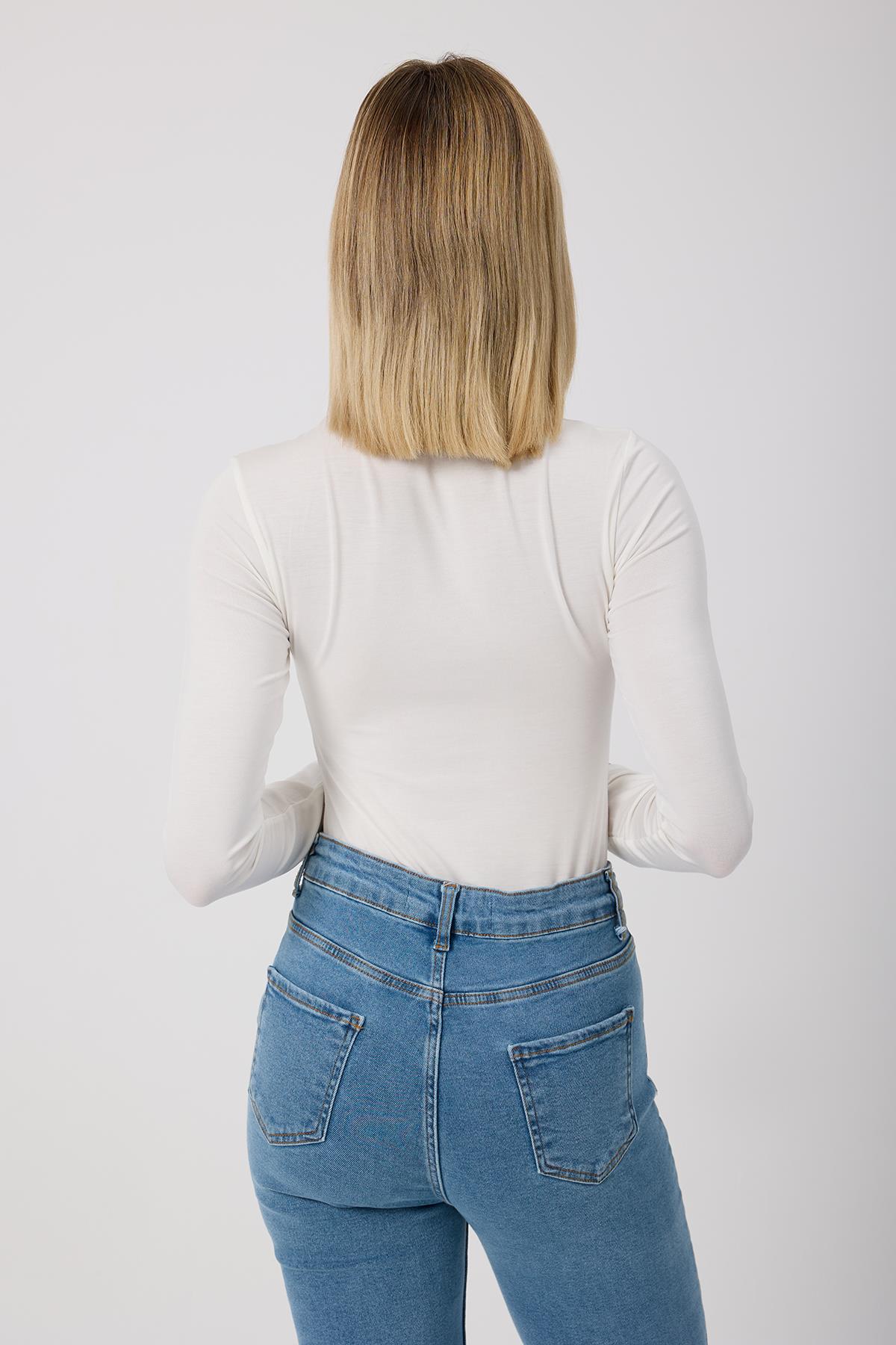 Kadın Balıkçı Yaka Basic Body Ekru