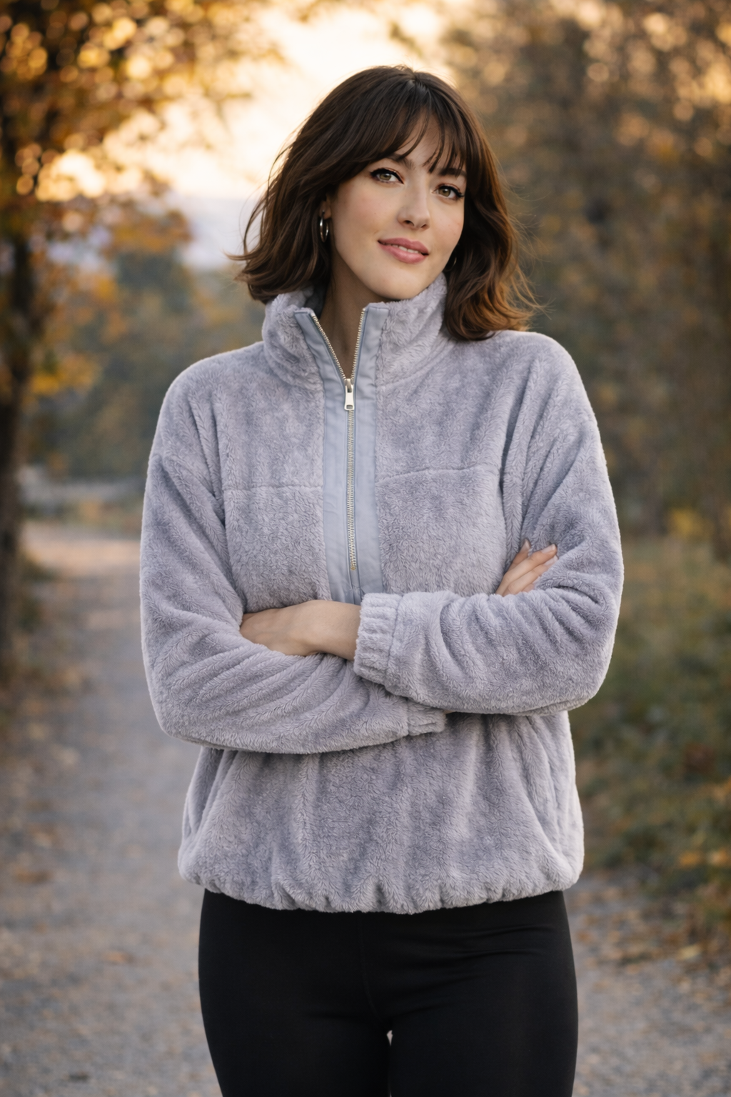 Kadın Balıkçı Yaka Yarım Fermuarlı Peluş Polar Sweatshirt Gri