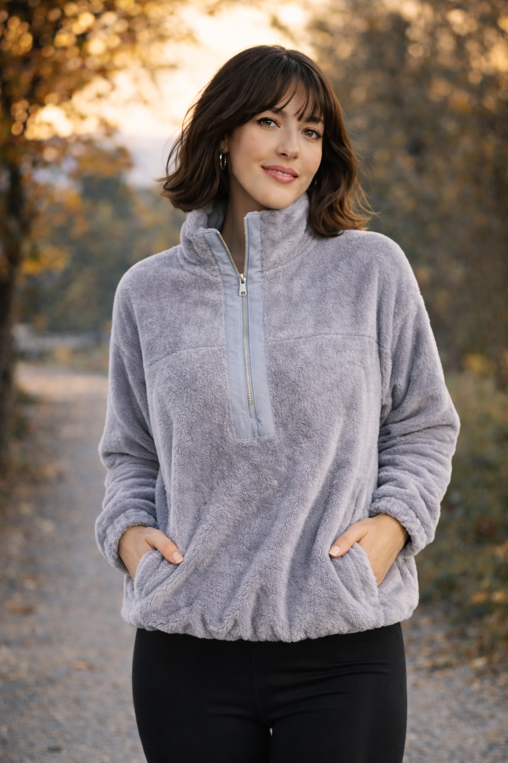 Kadın Balıkçı Yaka Yarım Fermuarlı Peluş Polar Sweatshirt Gri