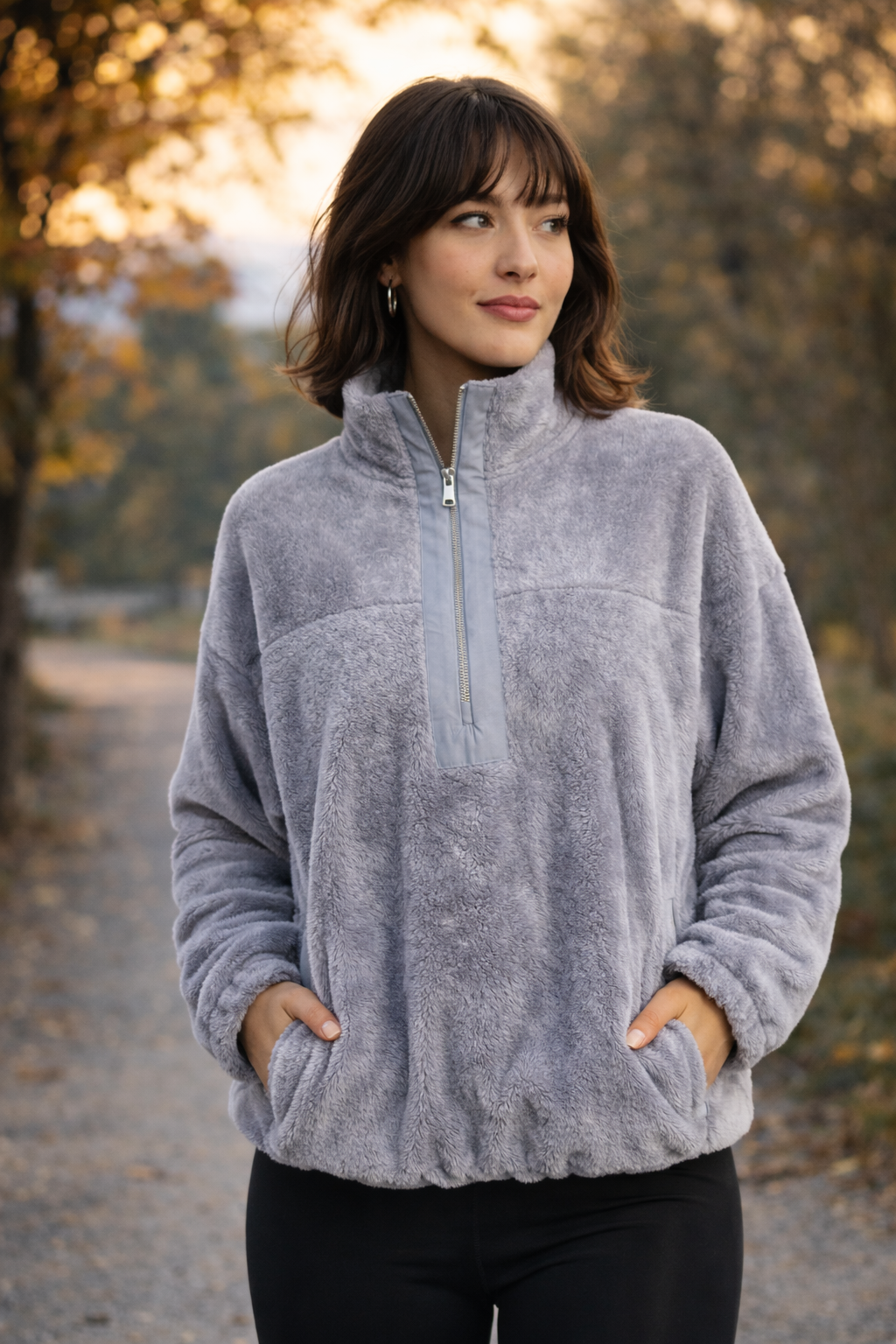 Kadın Balıkçı Yaka Yarım Fermuarlı Peluş Polar Sweatshirt Gri