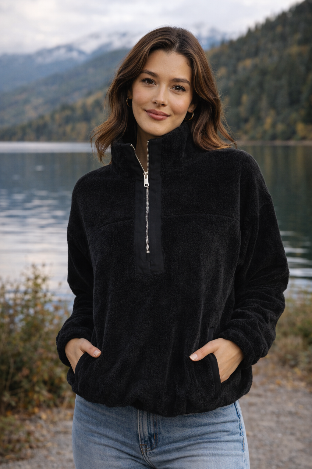 Kadın Balıkçı Yaka Yarım Fermuarlı Peluş Polar Sweatshirt Siyah