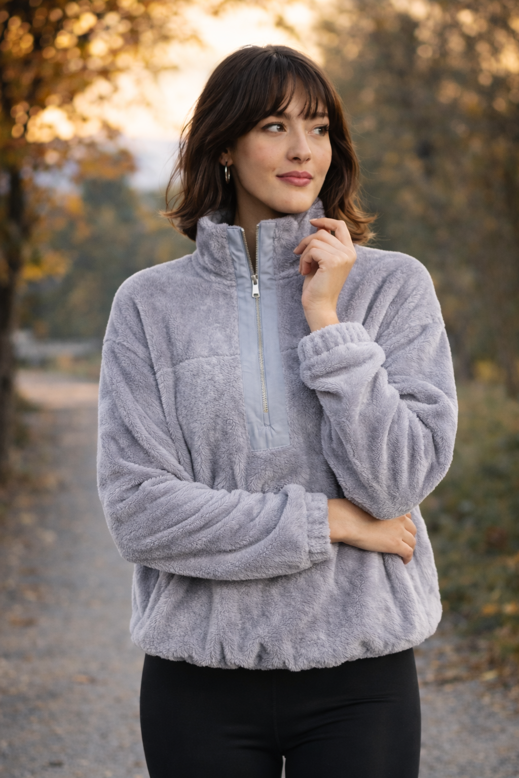 Kadın Balıkçı Yaka Yarım Fermuarlı Peluş Polar Sweatshirt Gri