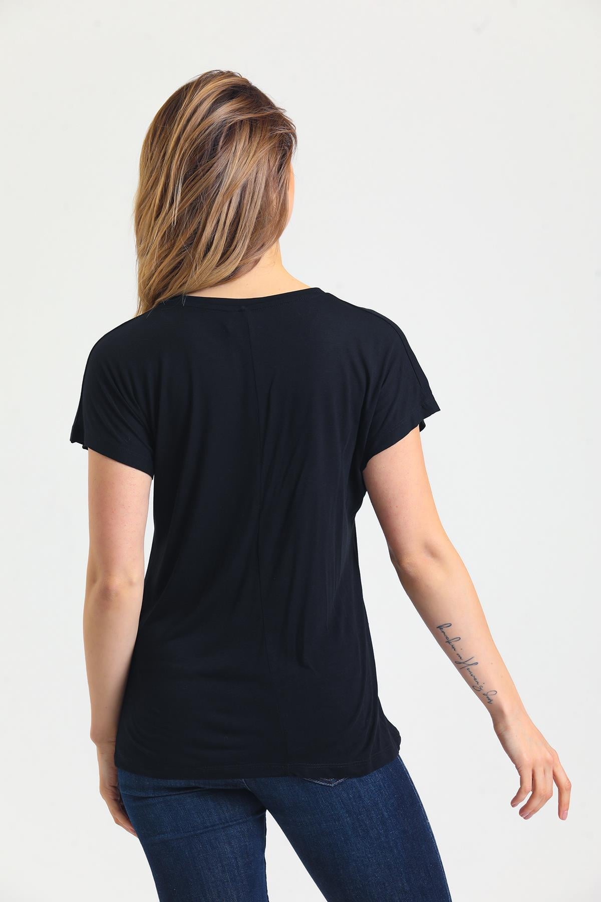 Kadın Bambu Kumaş Bisiklet Yaka T-shirt  Siyah