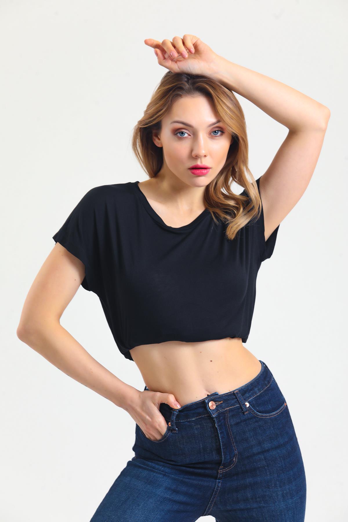 Kadın Bambu Kumaş Bisiklet Yaka T-shirt  Siyah