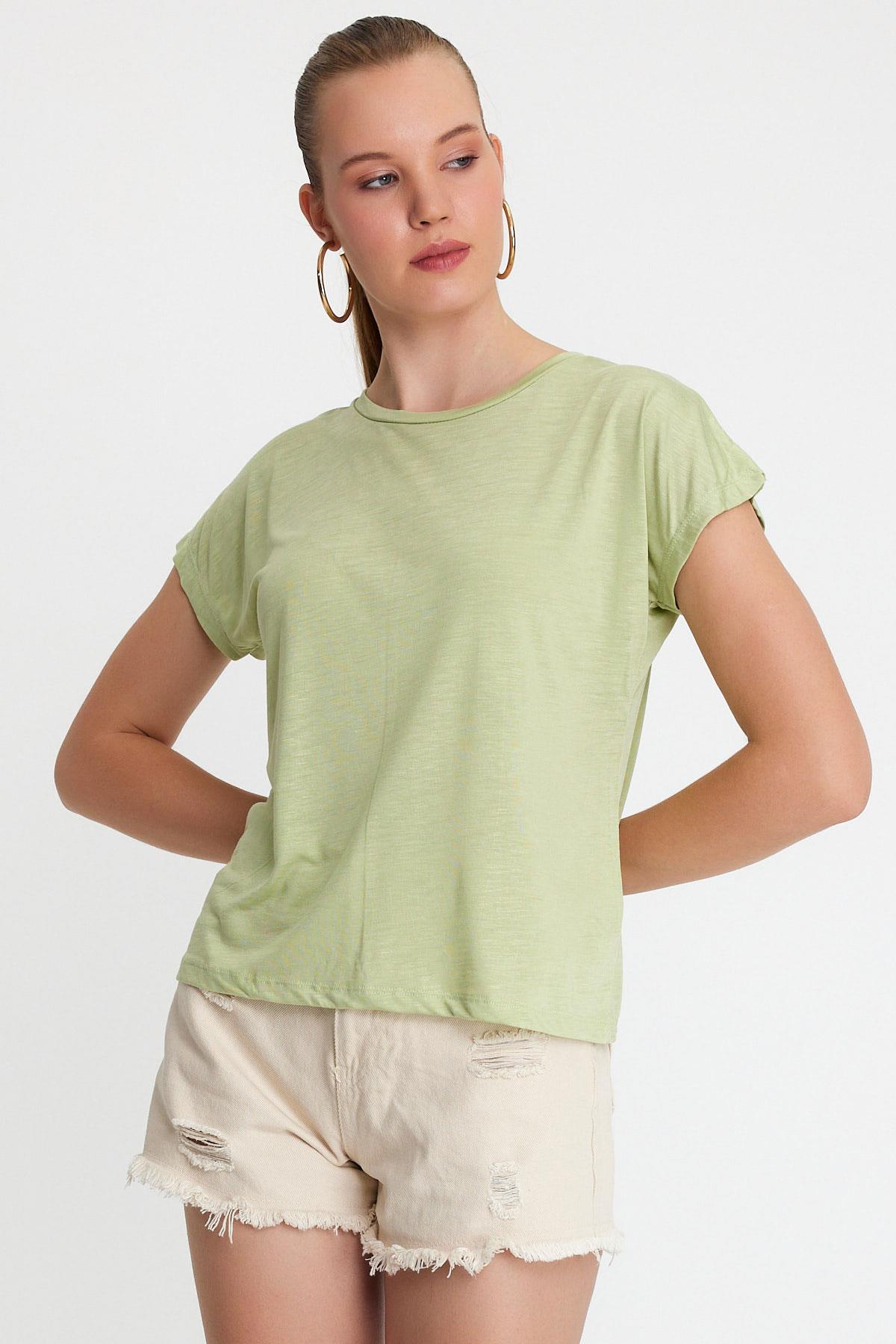 Kadın Bambu Kumaş Bisiklet Yaka T-shirt Mint