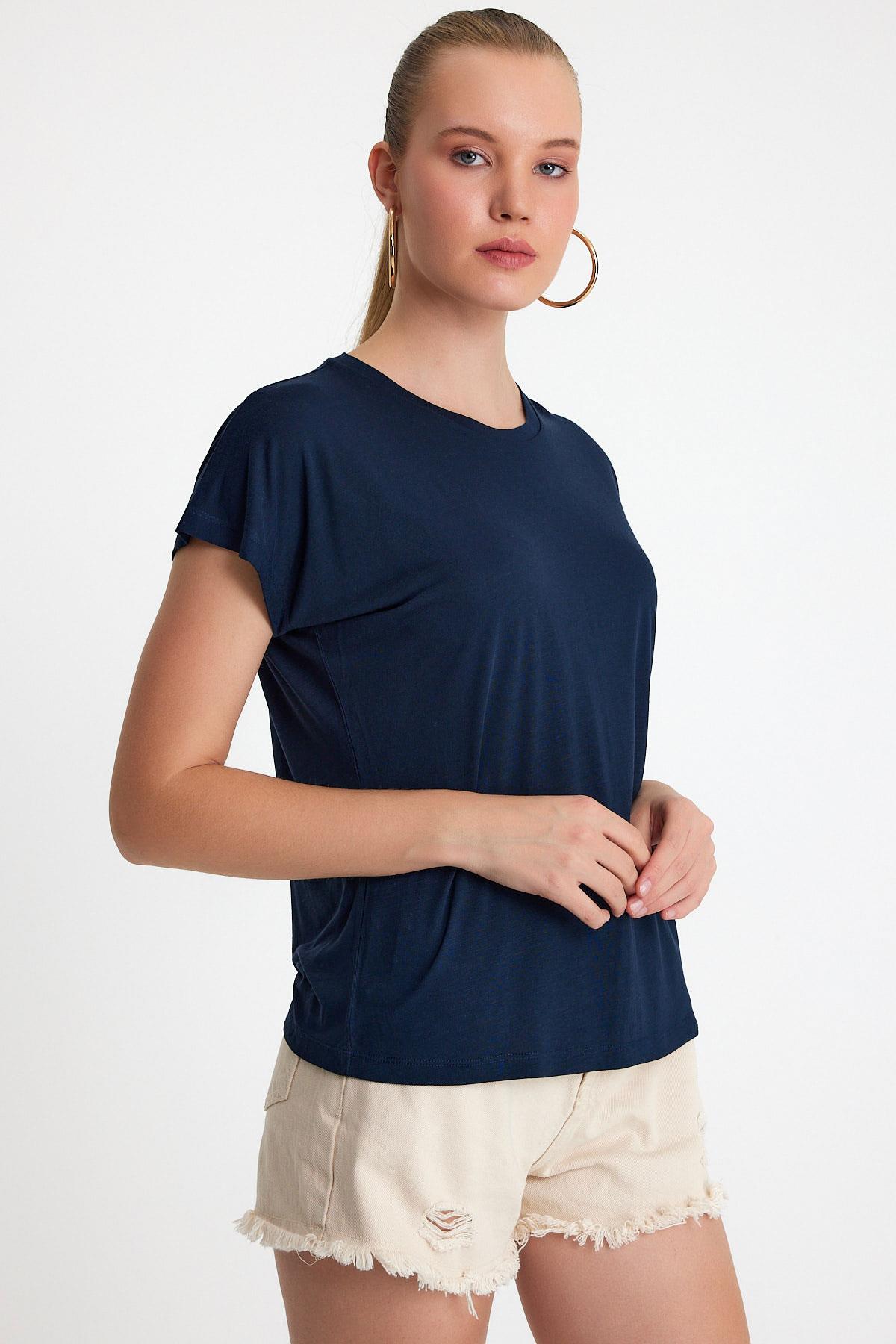 Kadın Bambu Kumaş Bisiklet Yaka T-shirt Lacivert