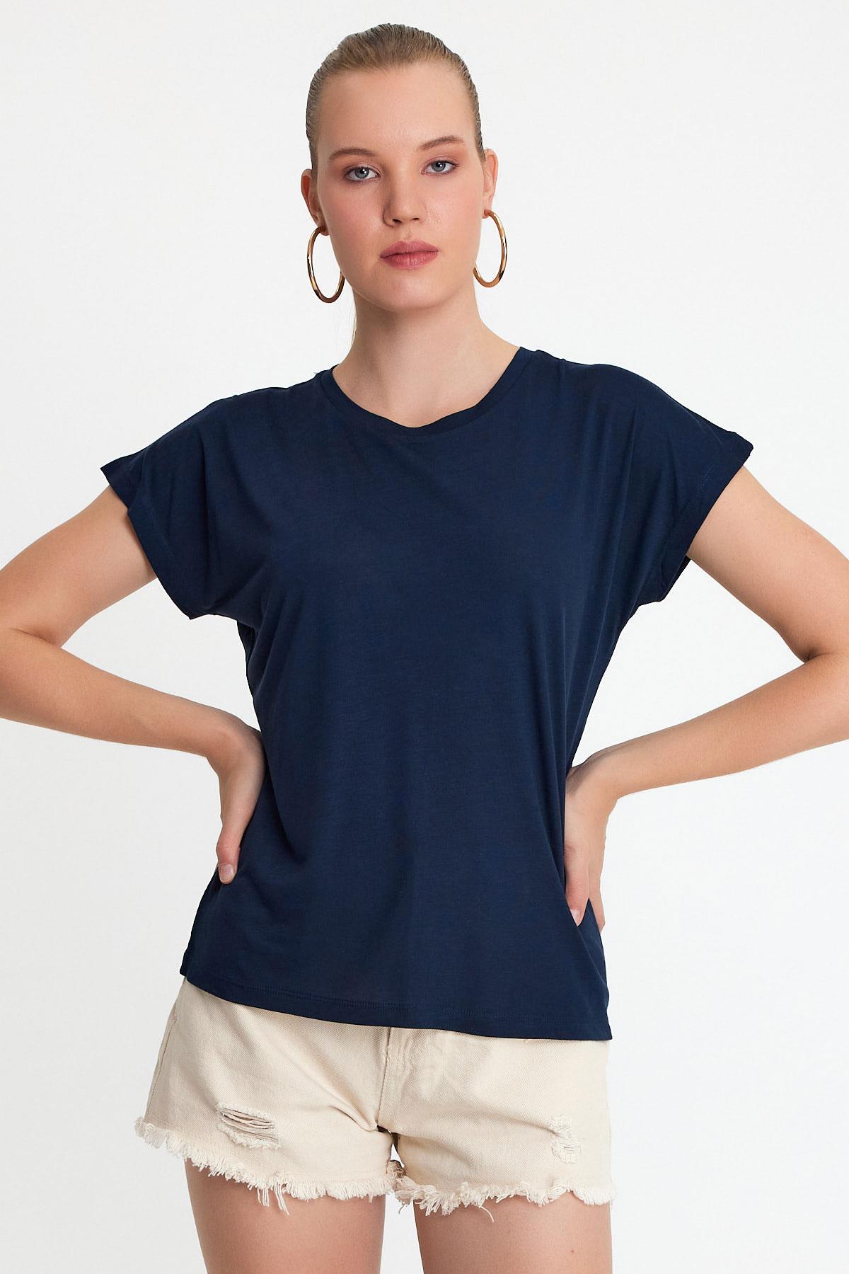 Kadın Bambu Kumaş Bisiklet Yaka T-shirt Lacivert