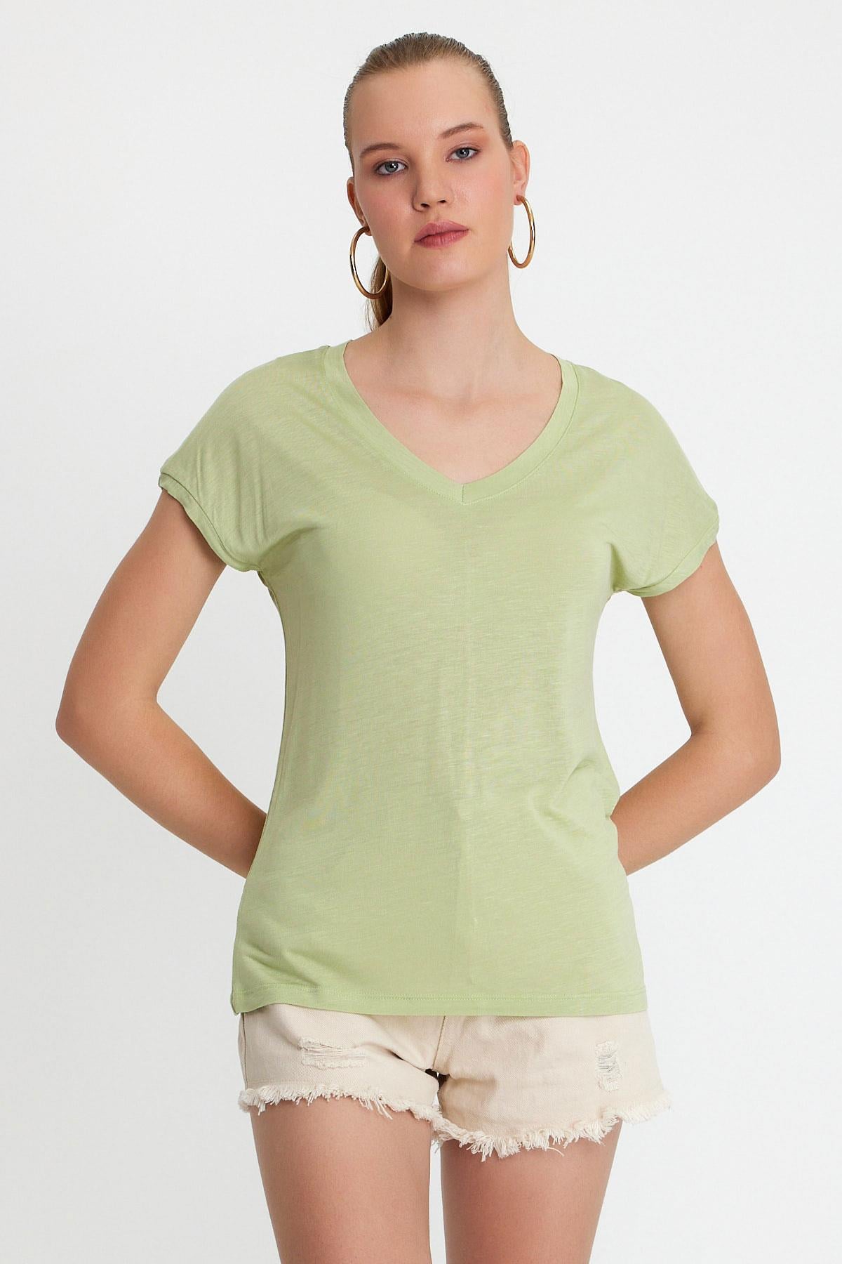 Kadın Bambu kumaş V Yaka T-shirt  Mint