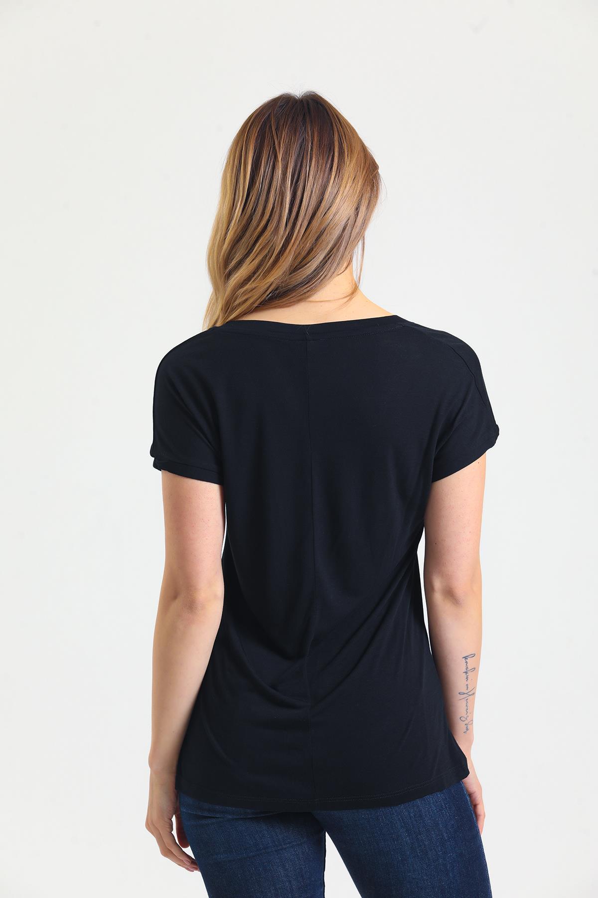 Kadın Bambu Kumaş V Yaka T-shirt Siyah