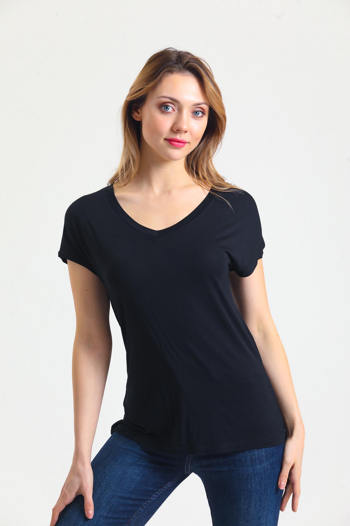 Kadın Bambu Kumaş V Yaka T-shirt Siyah