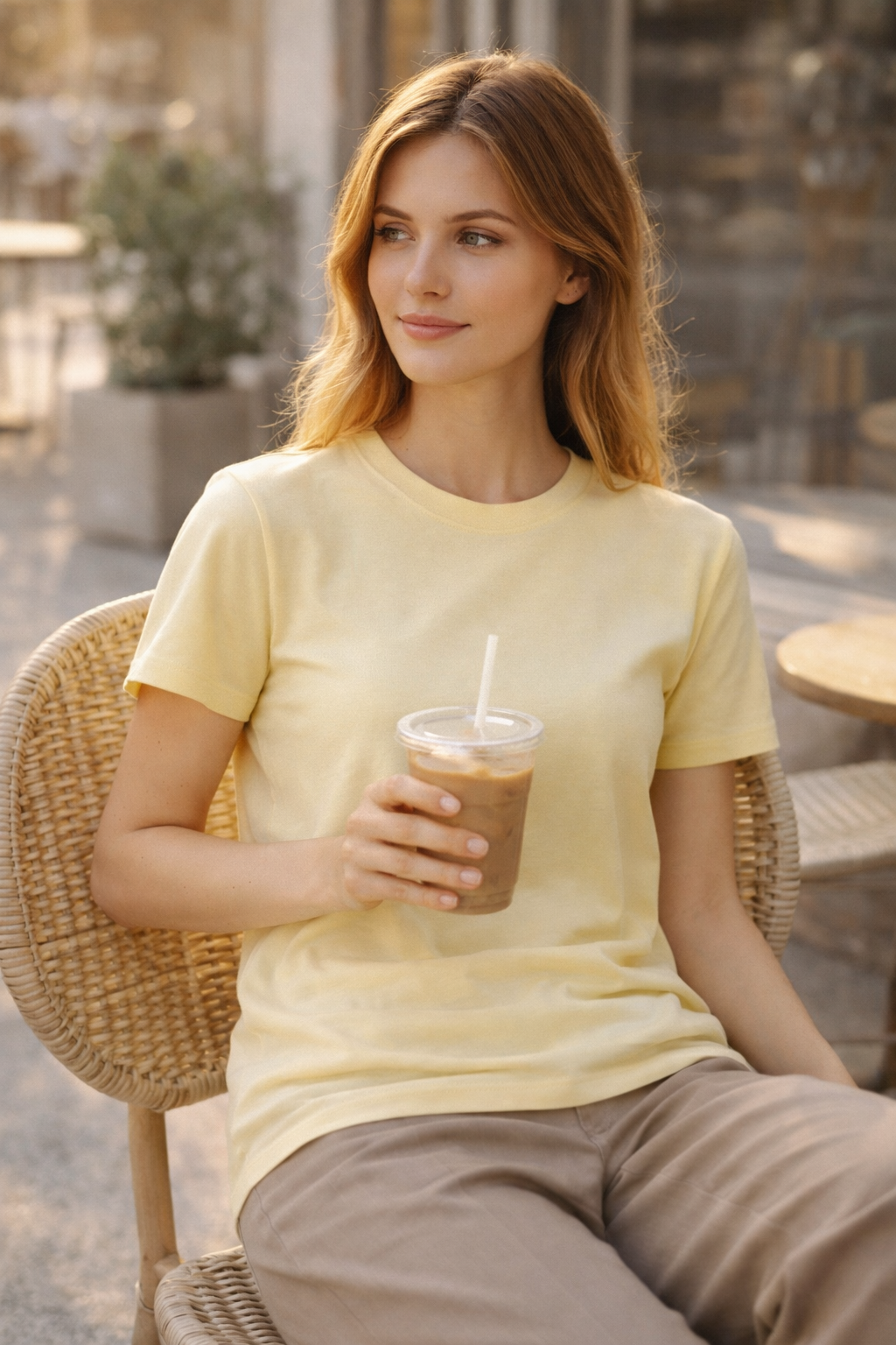 Kadın Basic Bisiklet Yaka Pamuk Likra Tişört – Sarı