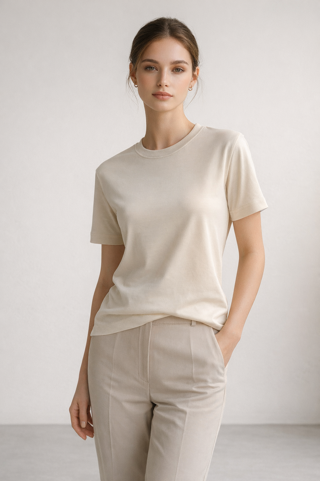 Kadın Basic Bisiklet Yaka Pamuk Likra Tişört – Bej