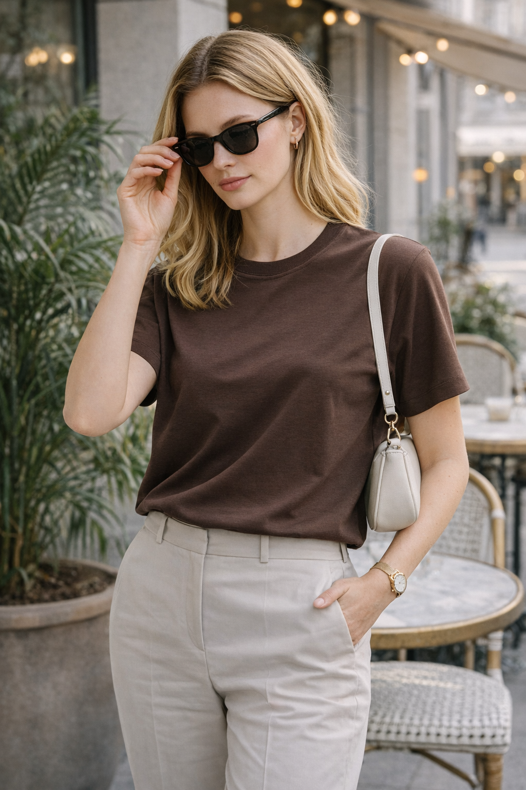 Kadın Basic Bisiklet Yaka Pamuk Likra Tişört – Kahve