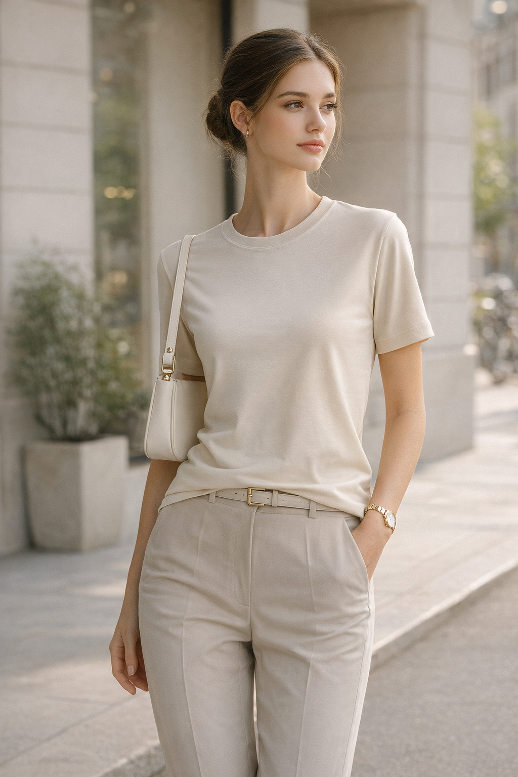 Kadın Basic Bisiklet Yaka Pamuk Likra Tişört – Bej