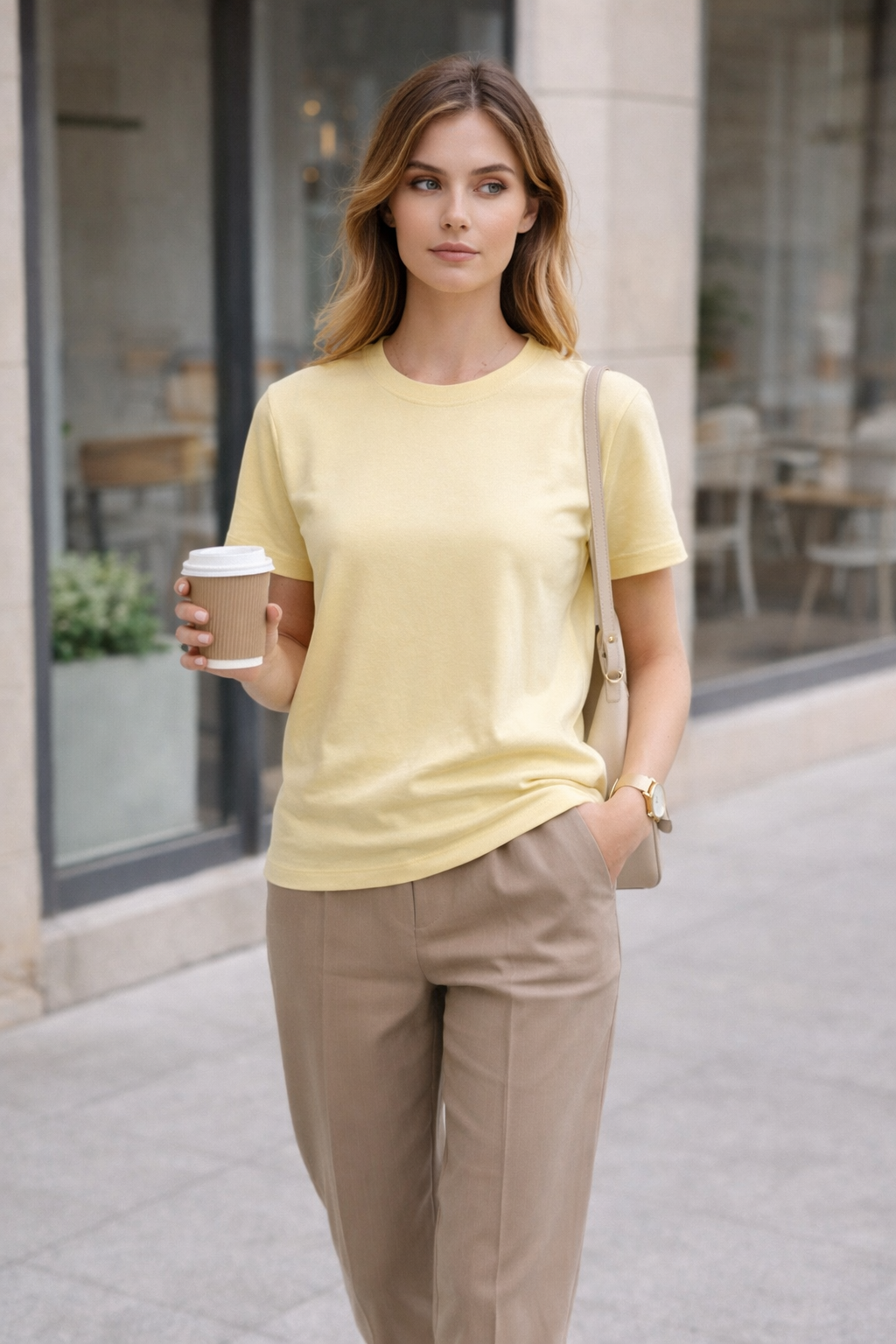 Kadın Basic Bisiklet Yaka Pamuk Likra Tişört – Sarı