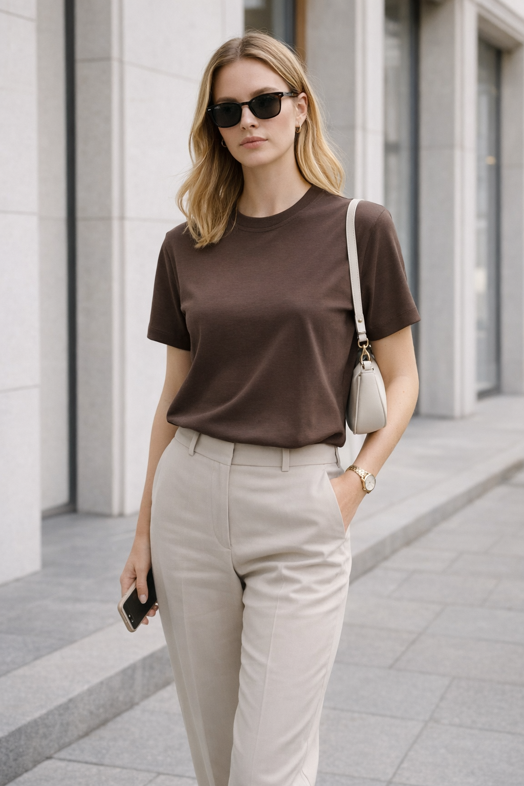 Kadın Basic Bisiklet Yaka Pamuk Likra Tişört – Kahve