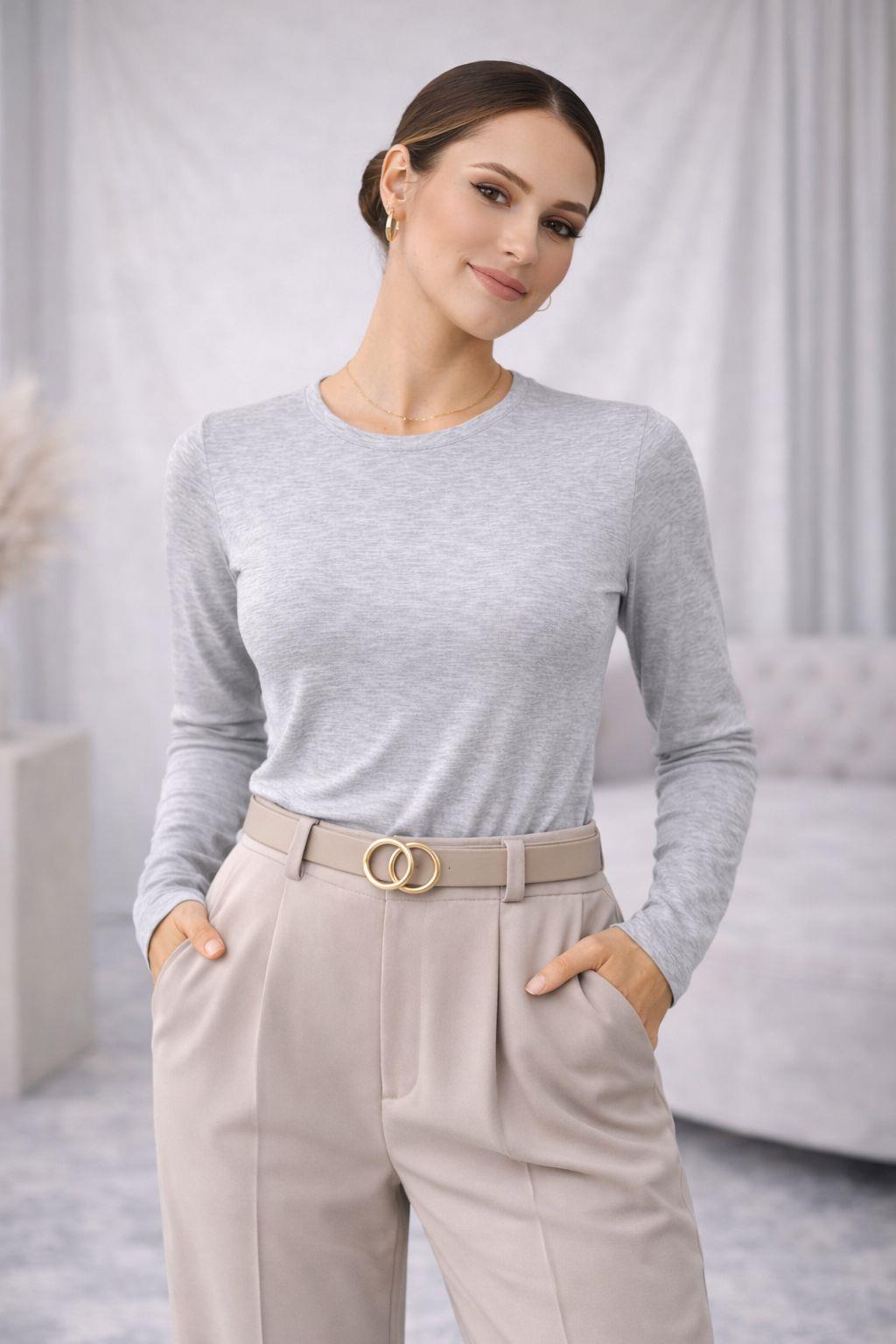 Kadın Basic Bisiklet Yaka Tencel Likra Esnek Uzun Kollu Bluz - Gri