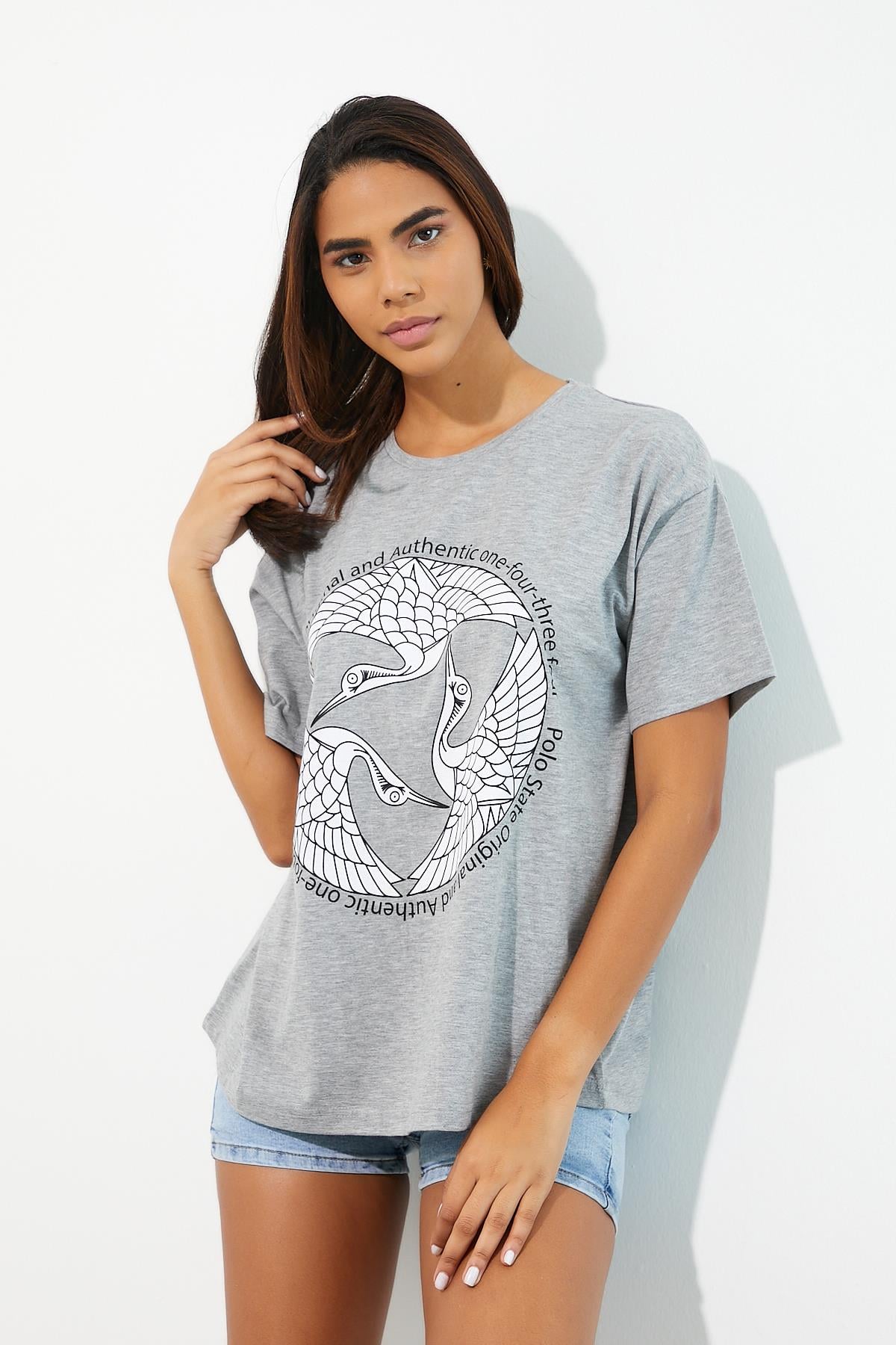 Kadın Baskılı Oversize T-shirt Gri Melanj