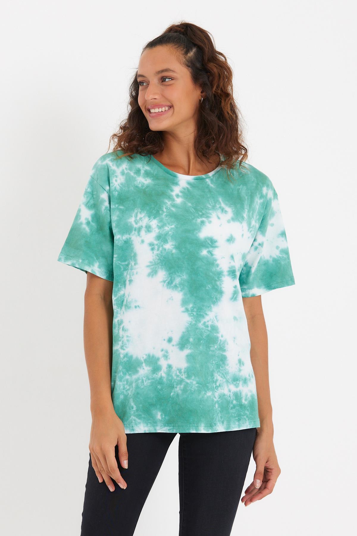 Kadın Batik Yıkamalı Oversize T-shirt Yeşil