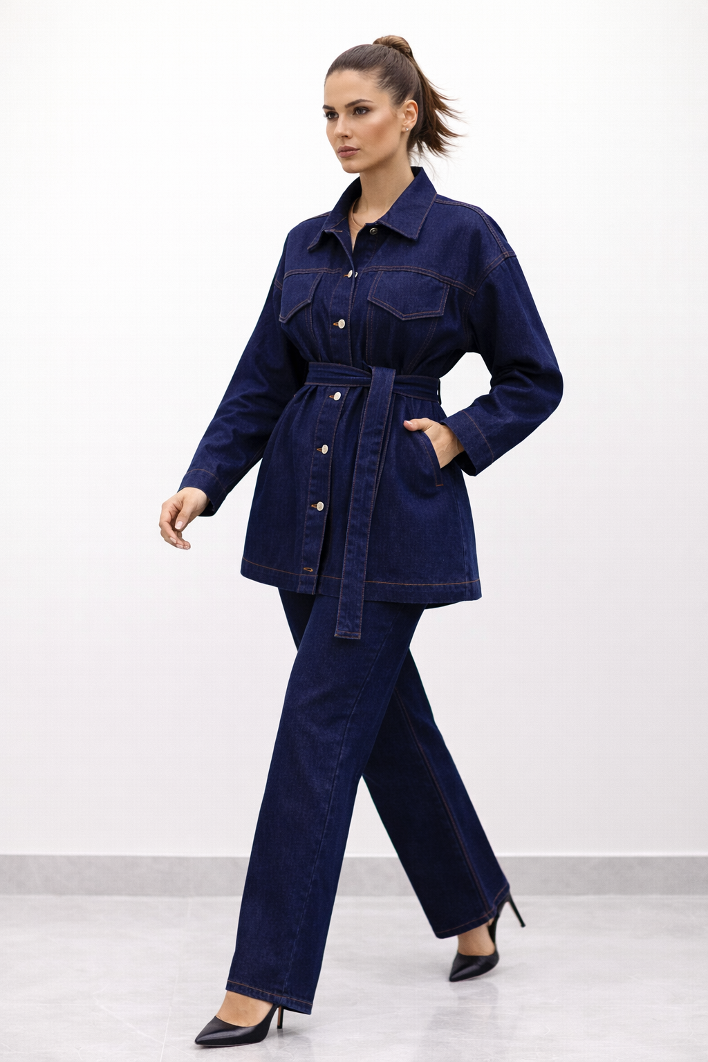 Kadın Belden Kemerli Oversize Denim Ceket Pantolon Takım – Lacivert