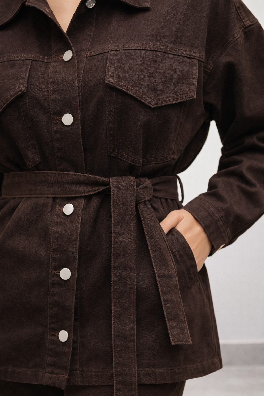 Kadın Belden Kemerli Oversize Denim Ceket Pantolon Takım – Acı Kahve