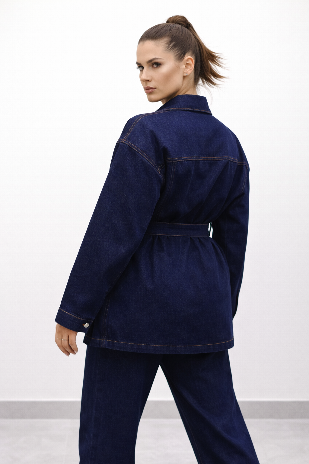 Kadın Belden Kemerli Oversize Denim Ceket Pantolon Takım – Lacivert