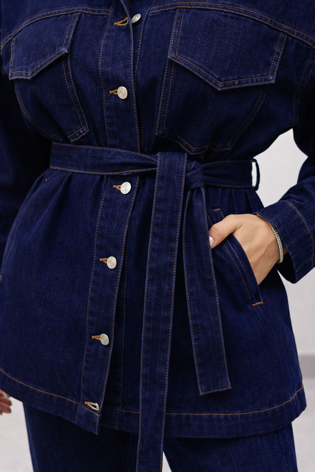 Kadın Belden Kemerli Oversize Denim Ceket Pantolon Takım – Lacivert