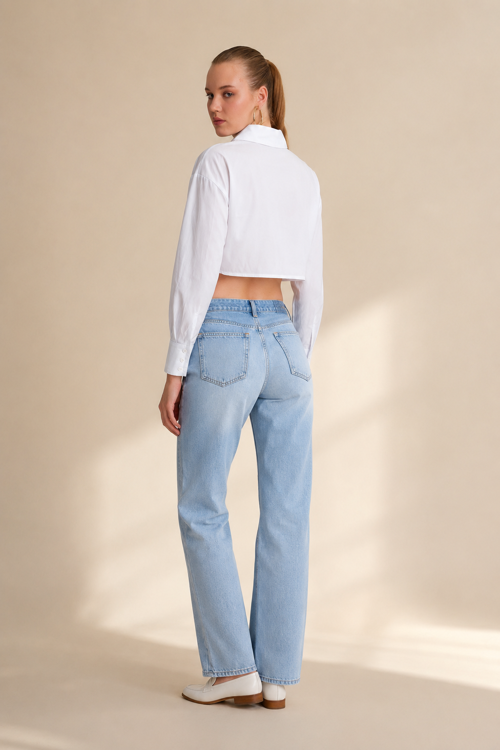 Kadın Beyaz Oversize Crop Poplin Gömlek
