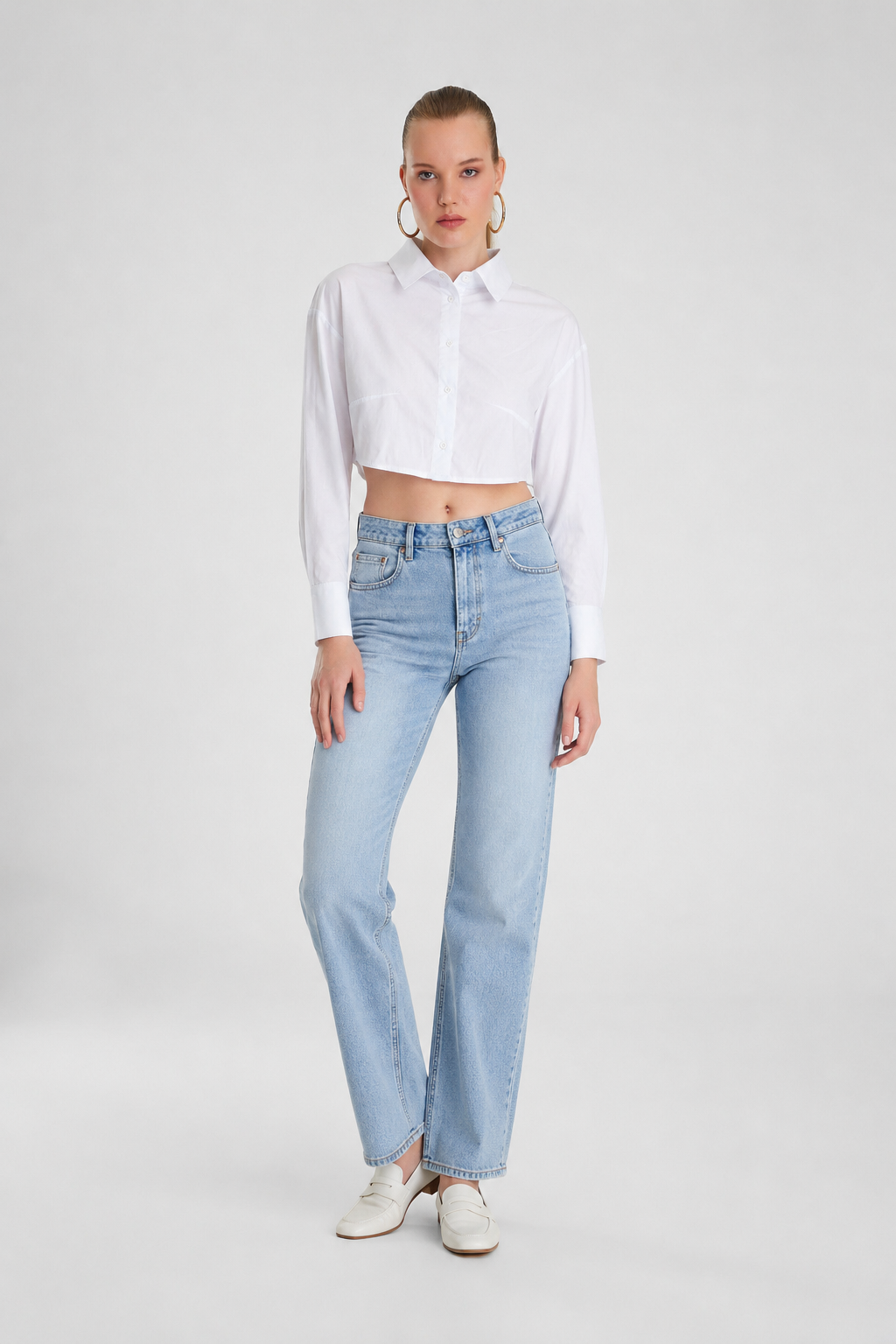 Kadın Beyaz Oversize Crop Poplin Gömlek