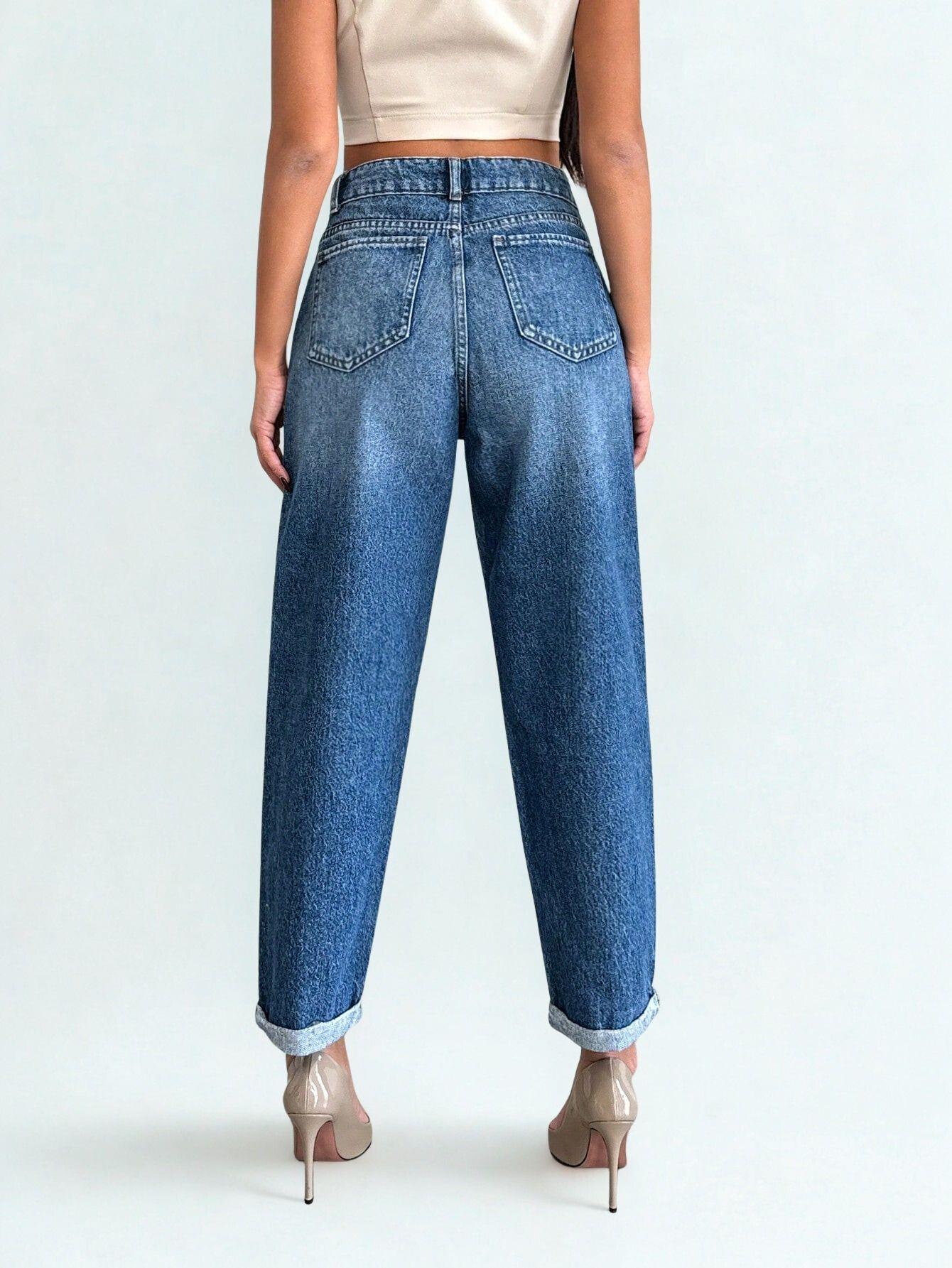 Kadın Bilek Boy Mom Fit Kot Pantolon Mavi