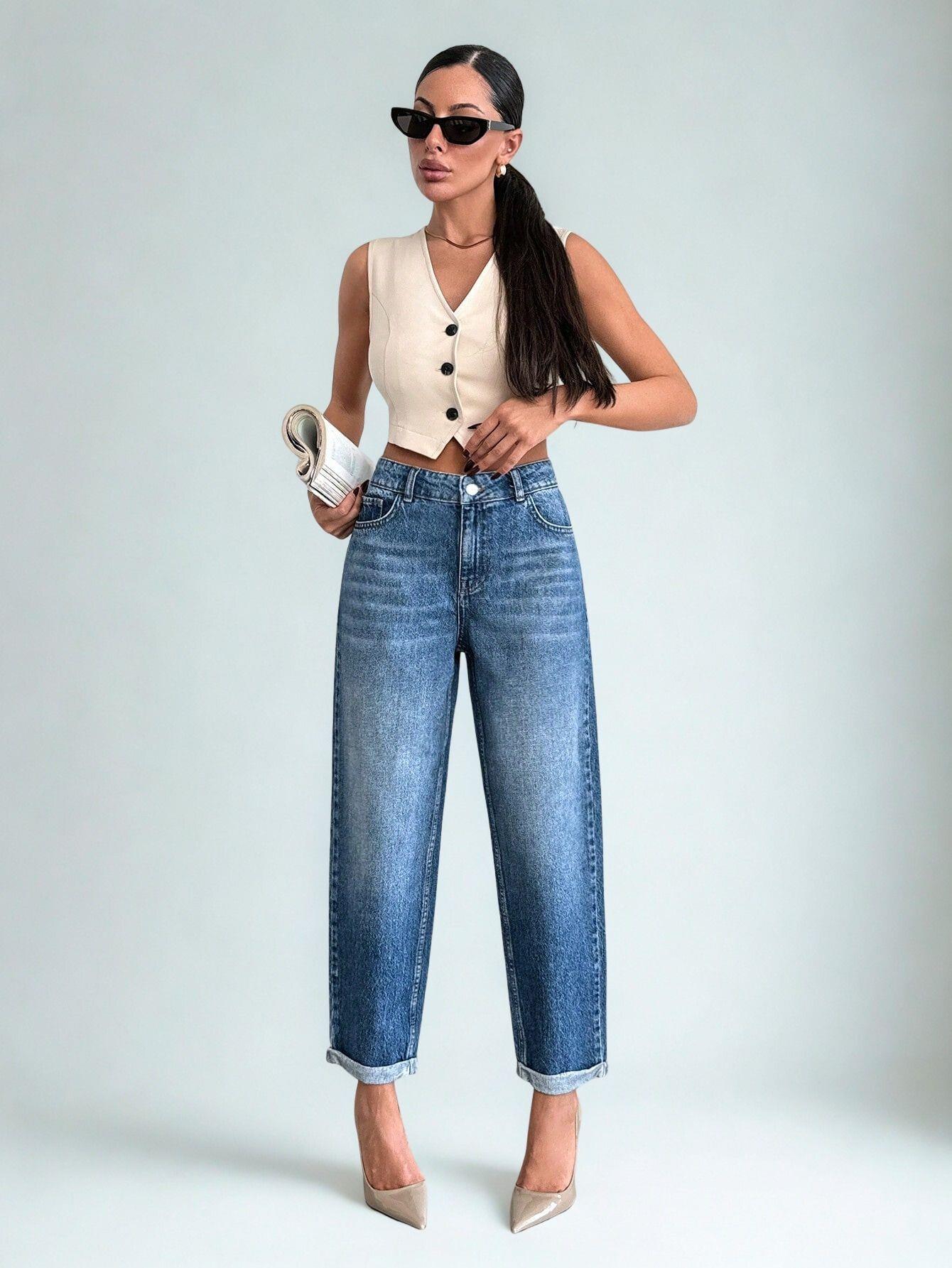 Kadın Bilek Boy Mom Fit Kot Pantolon Mavi