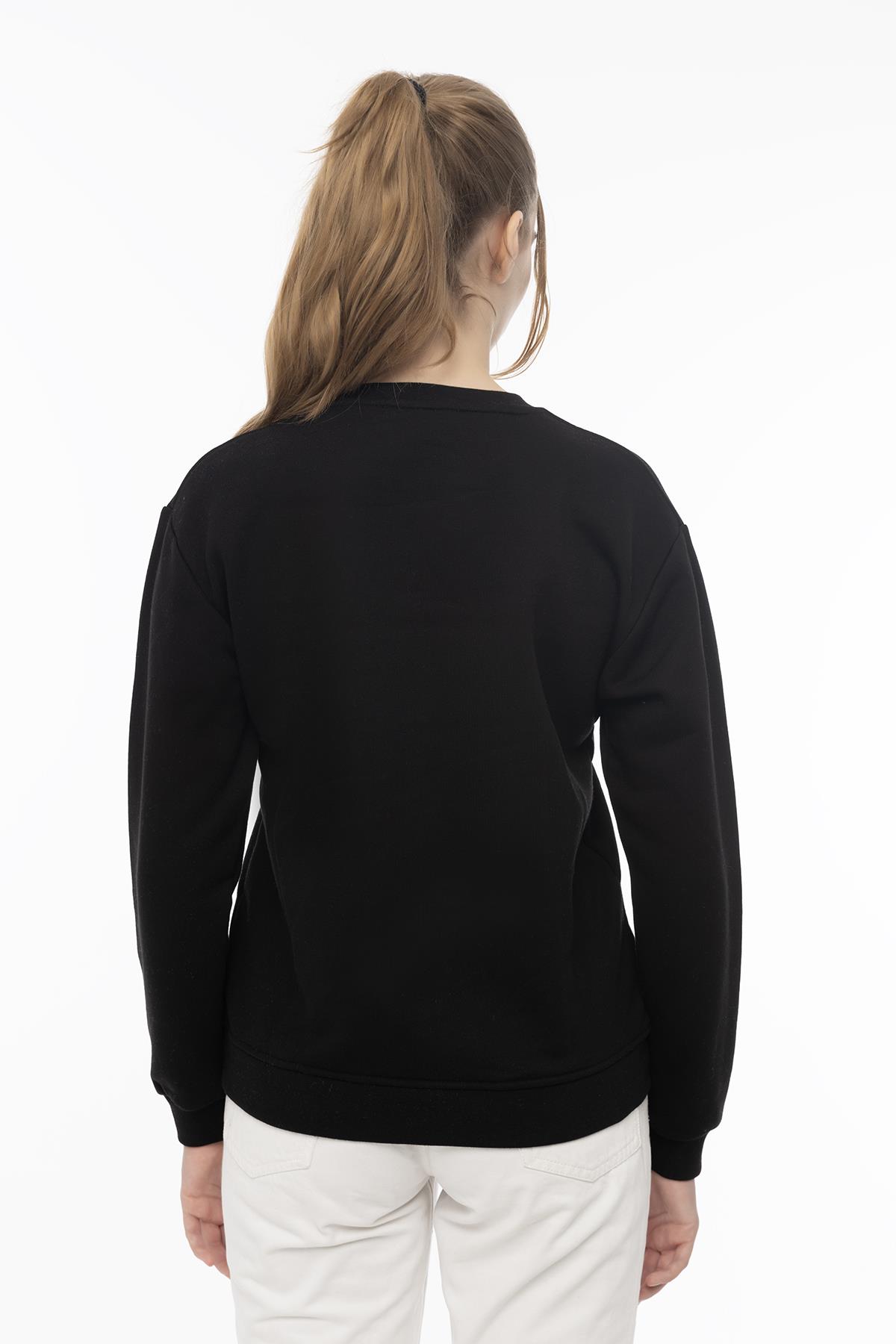 Kadın Bisiklet Yaka 3 İplik Şardonlu Sweatshirt Siyah