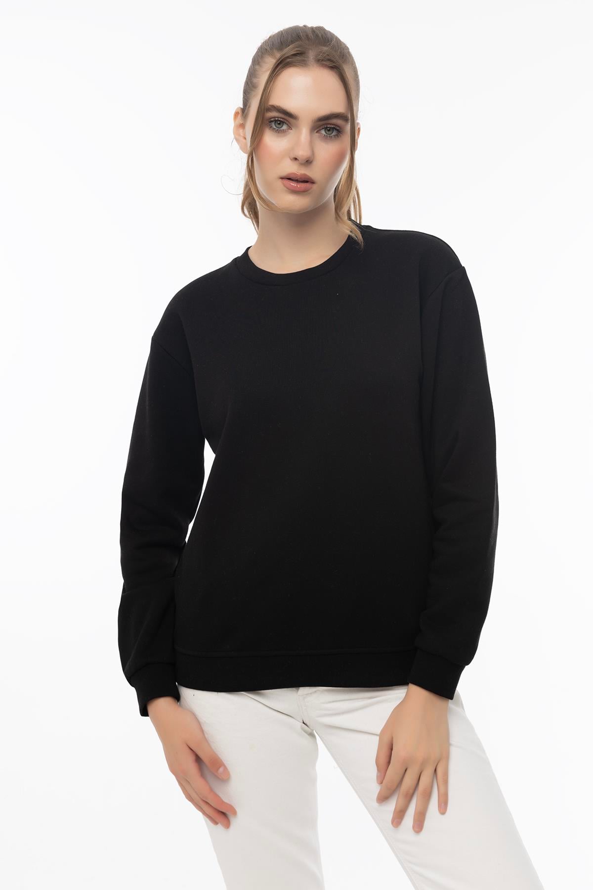 Kadın Bisiklet Yaka 3 İplik Şardonlu Sweatshirt Siyah