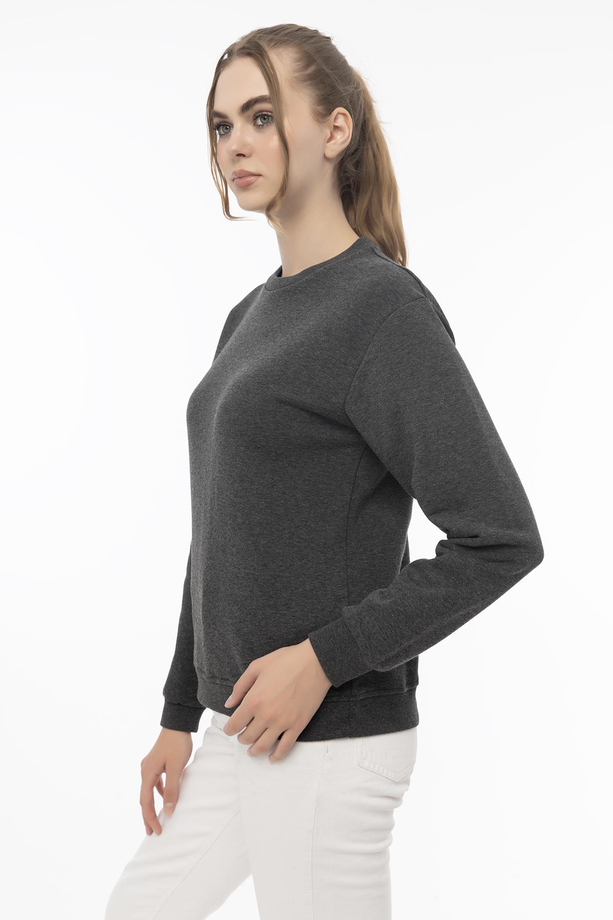 Kadın Bisiklet Yaka 3 İplik Şardonlu Sweatshirt Antrasit Melanj