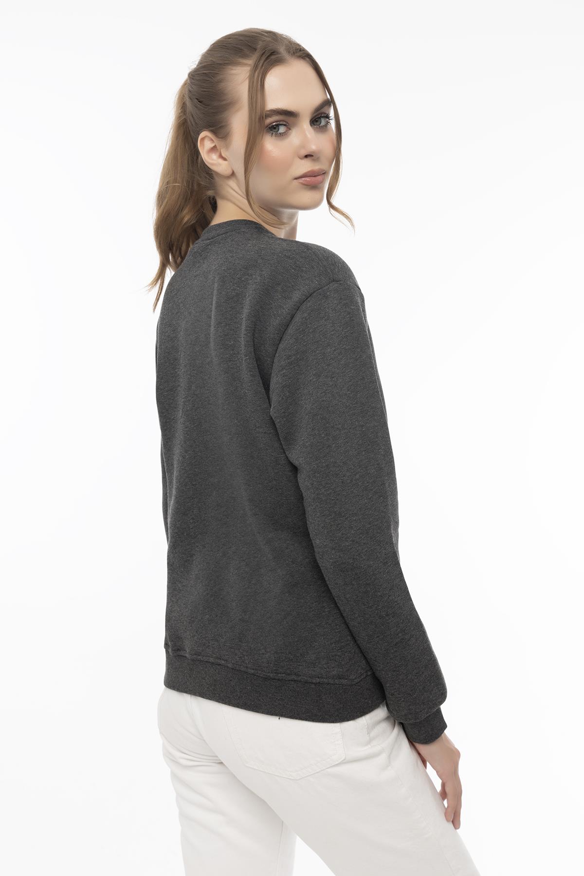 Kadın Bisiklet Yaka 3 İplik Şardonlu Sweatshirt Antrasit Melanj