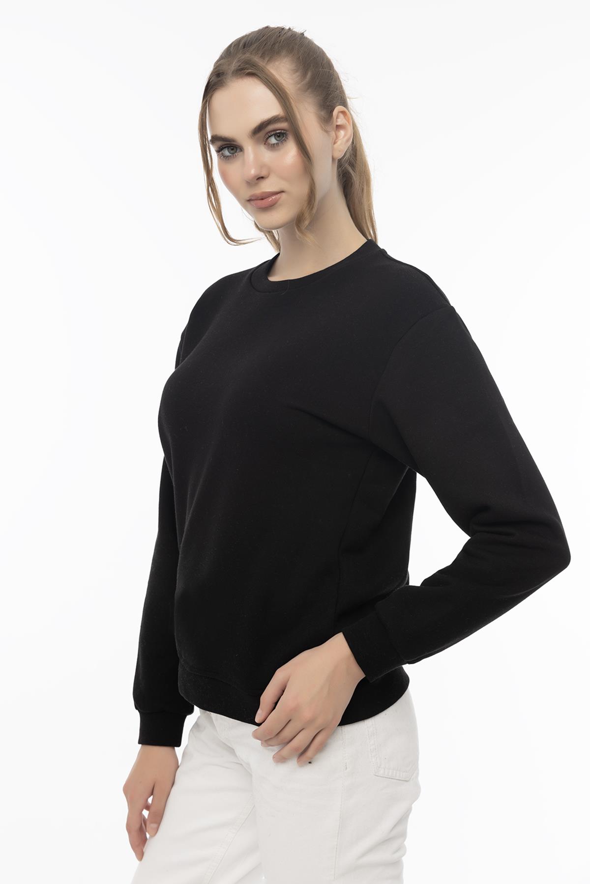 Kadın Bisiklet Yaka 3 İplik Şardonlu Sweatshirt Siyah