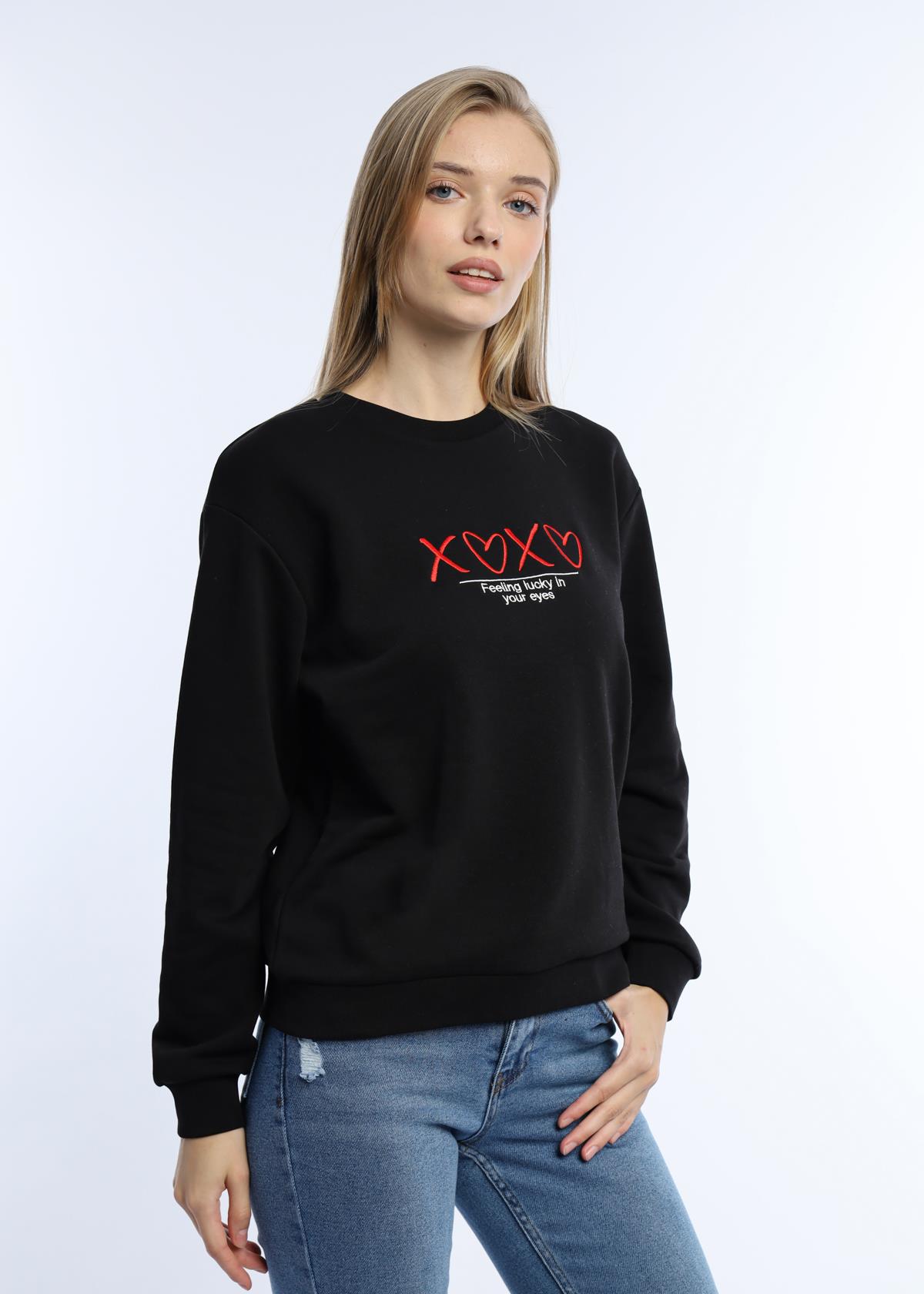 Kadın Bisiklet Yaka 3 İplik Şardonsuz Sweatshirt Siyah